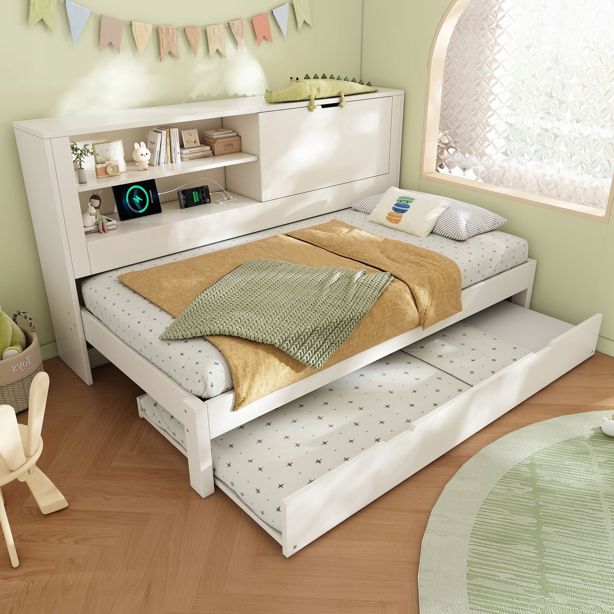 Pohovka s funkcí spaní Dětská postel Výsuvná postel 90x190 cm Usb C Bílá