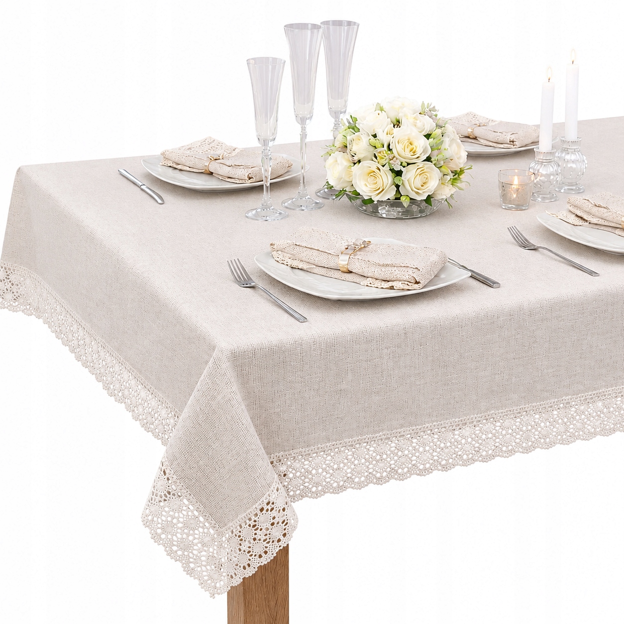 Retro ubrus na stůl s krajkou 350x140 Béžový Natural Dekorativní Bavlna