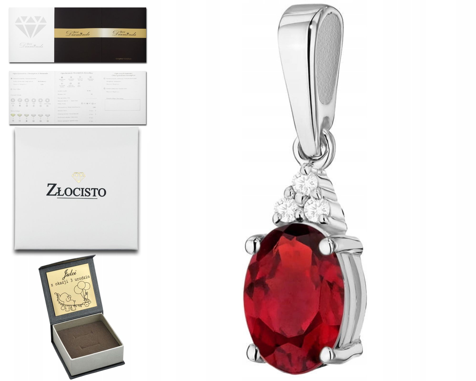 Bílé Zlato Přívěsek S Briliantem Přírodní Kámen Rubín Krvavý Jako Dárek