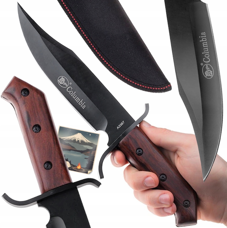 Bsh 255A Potężny Ostry Nóż Myśliwski Z Pokrowcem Stal Drewno 33 cm