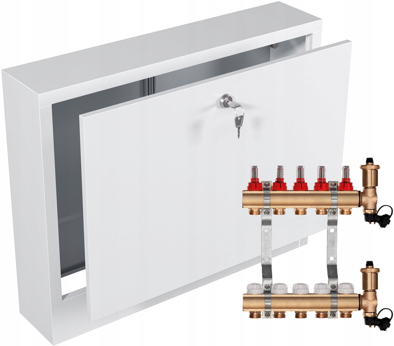 Mosazný rozdělovač pro podlahové topení 5 sekcí Nástěnná Skříňka