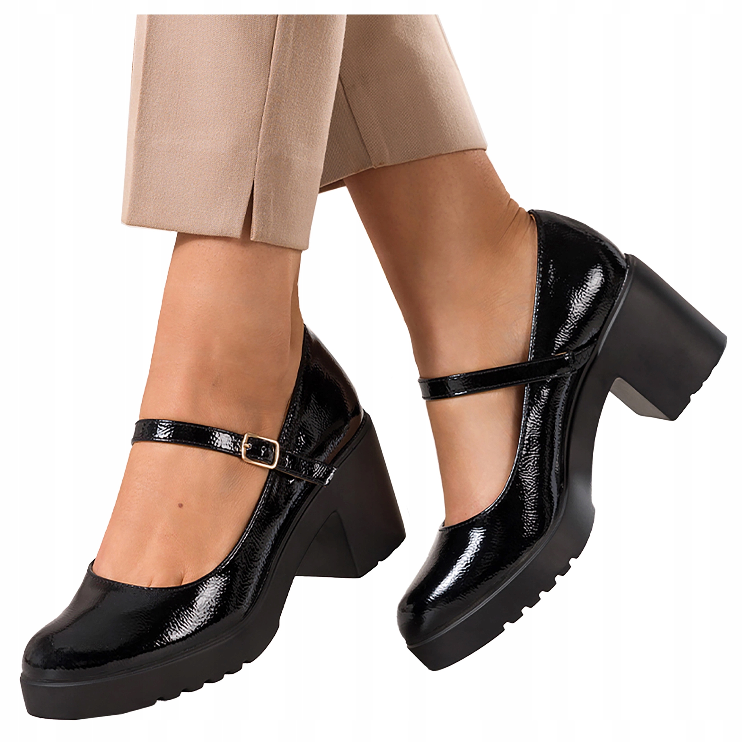 Černé Lakované Lodičky Pásek Mary Jane na širokém podpatku, velikost 37