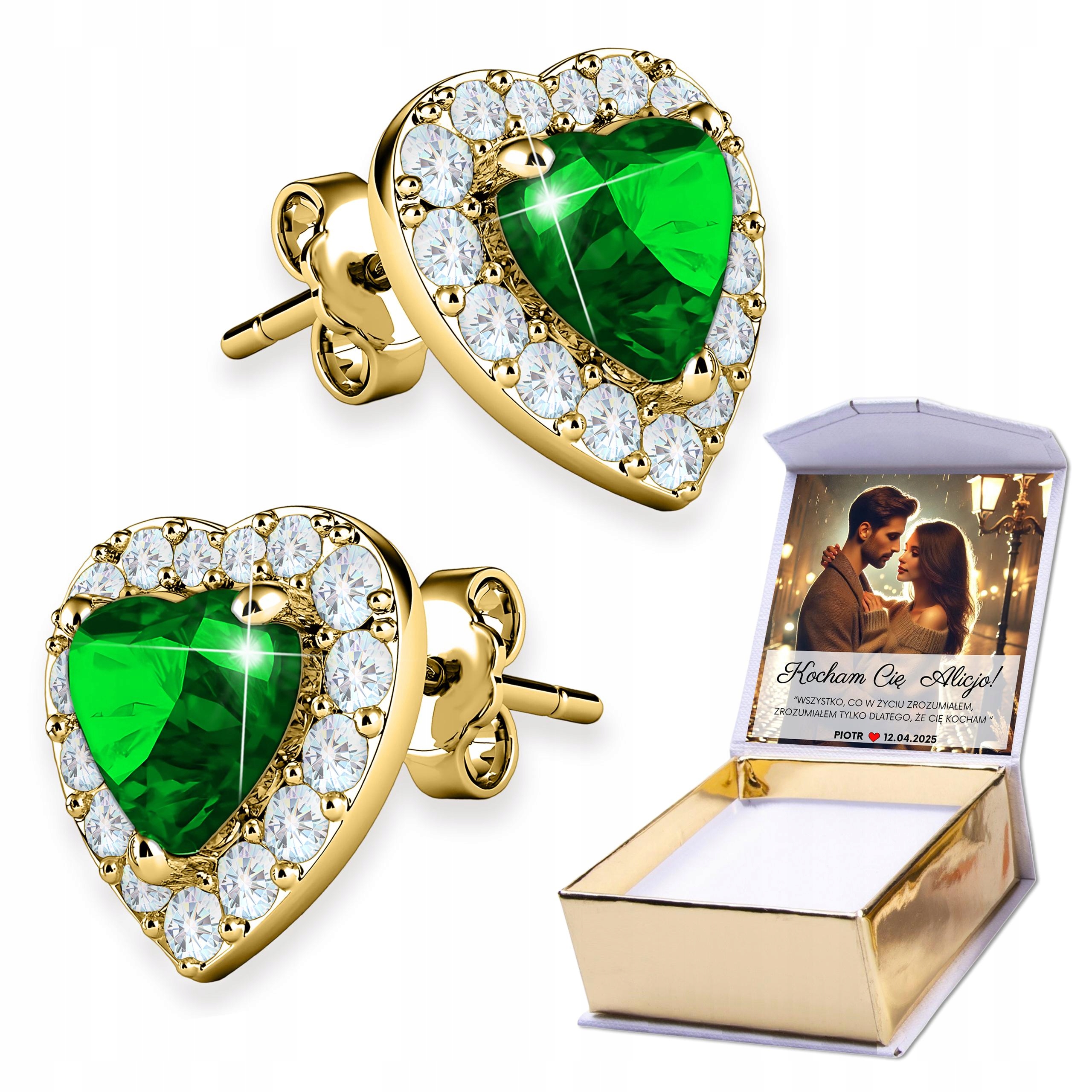 Zlaté Náušnice 925 Love Zelené Křišťálové Srdce s Křišťály Potisk