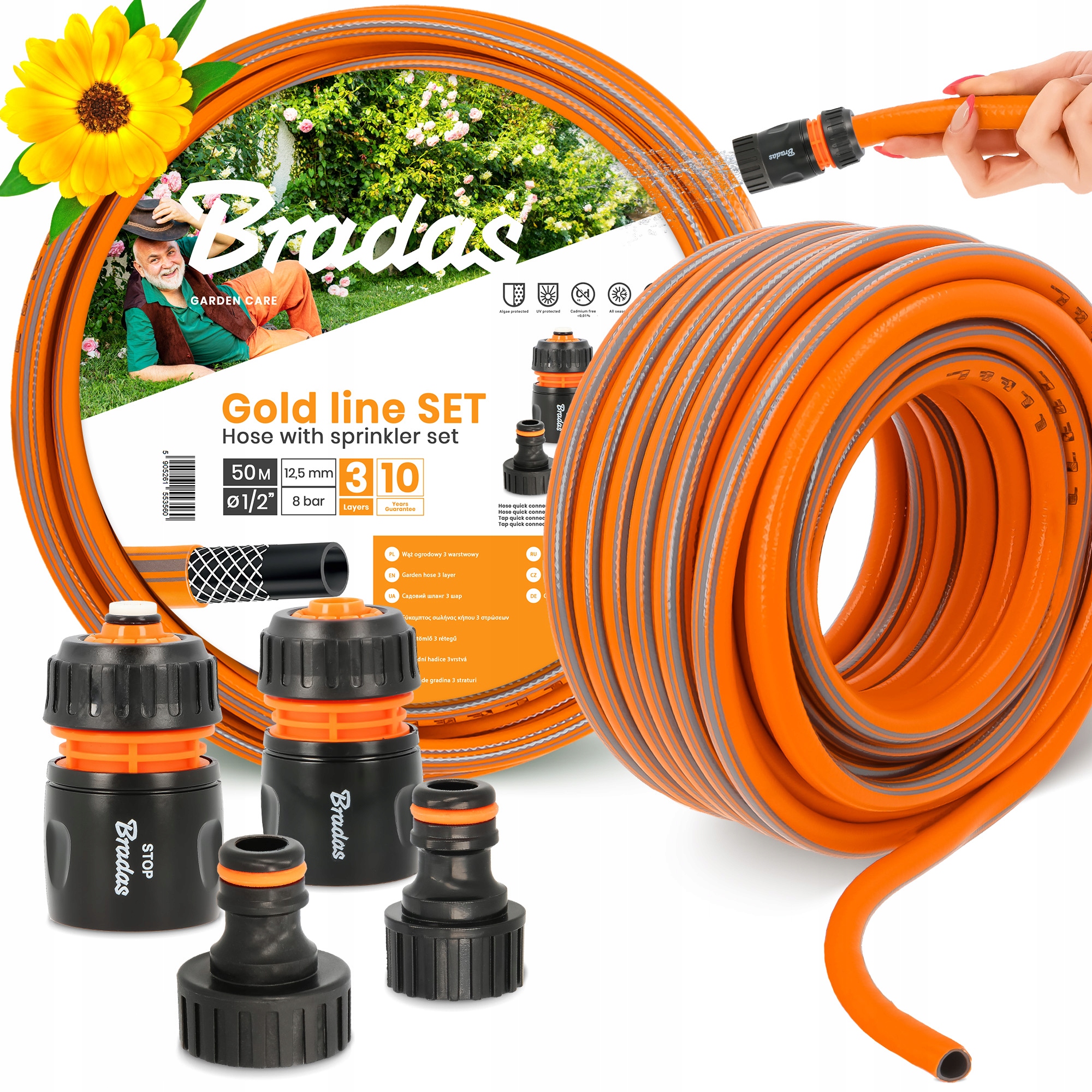 1/2 50 M 3-VRSTVOVÁ Zrolovateľná Záhradná Hadica S Pružným Gumovým Závesom