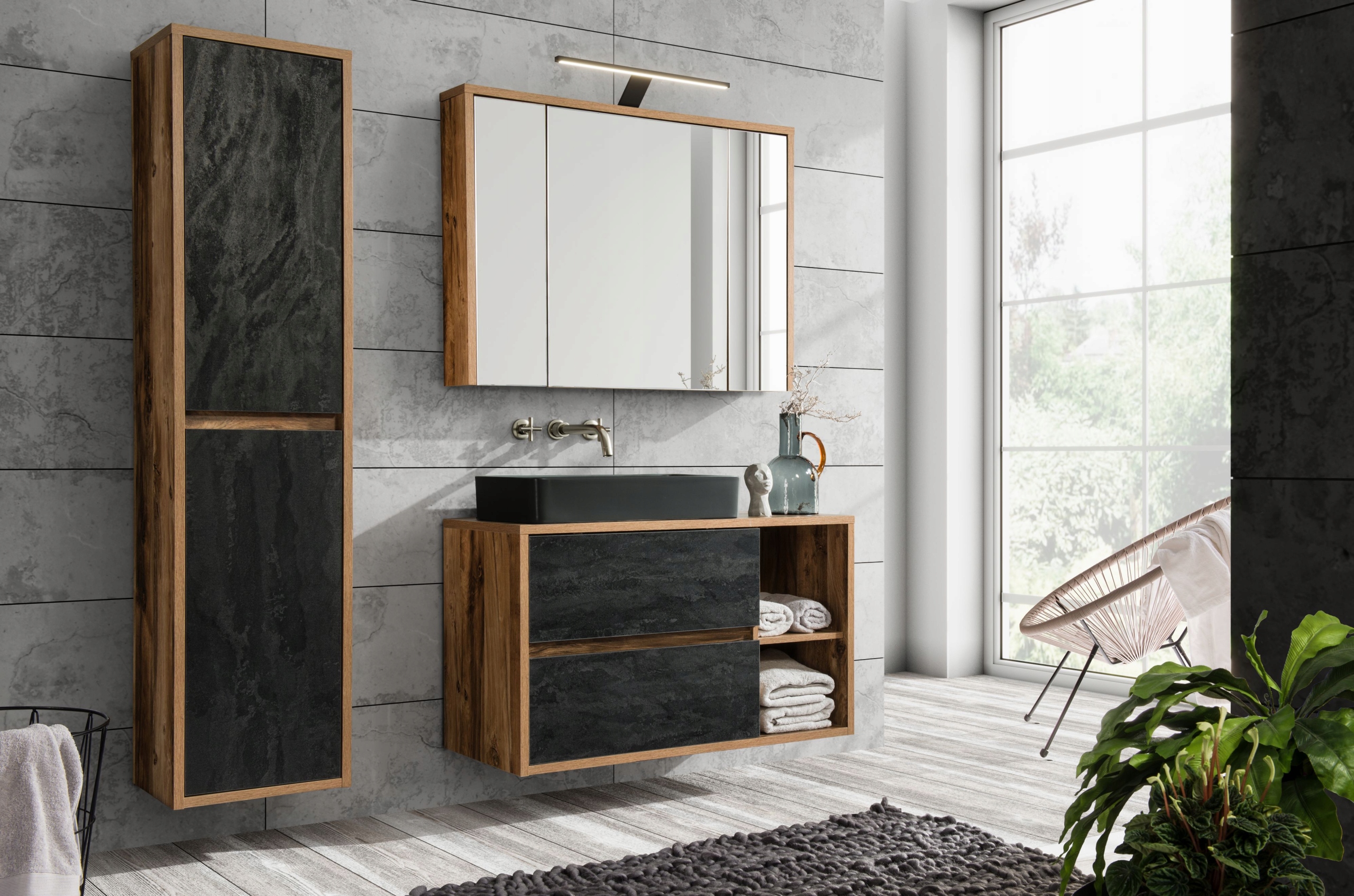 Nábytková sestava 100 cm s umyvadlem na desku, vysokou skříňkou a skříňkou se zrcadlem