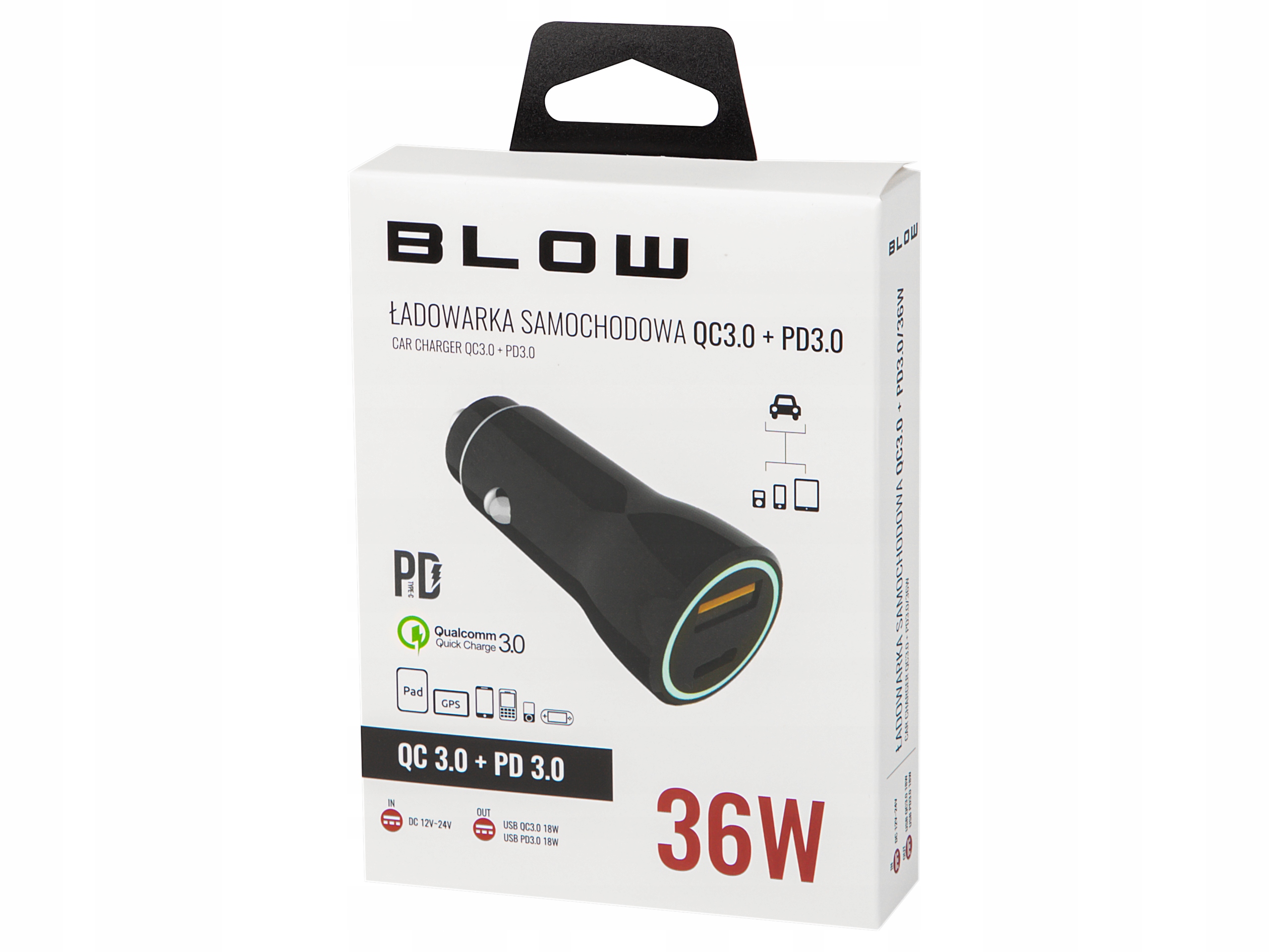 SZYBKA ŁADOWARKA SAMOCHODOWA 2 WEJŚCIA USB USB-C PD QC 3.0 36W 6A KABEL USB Prąd wyjściowy 3000 mA