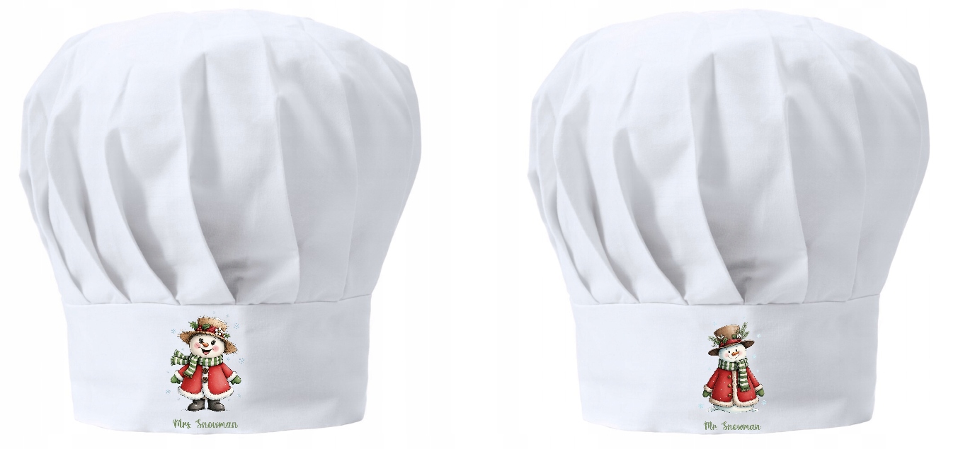 Vánoční kuchařská čepice x2 pro pár Mr Snowman Mrs Snowman Mikołajki