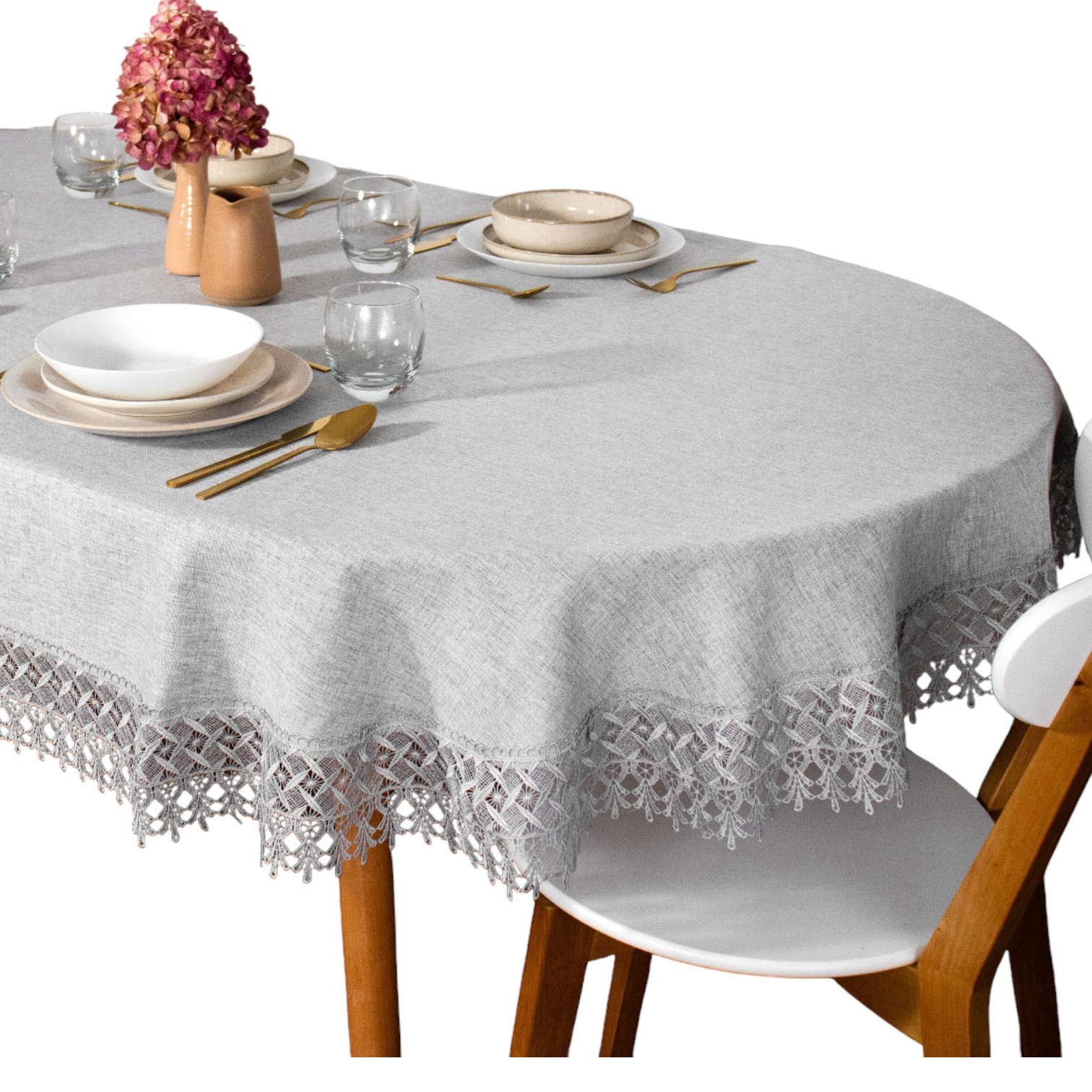 Oválný ubrus na stůl hladký Šedý guipure 130x180 Ovál imitace Lnu krajka
