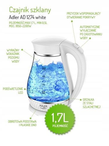 Czajnik Szklany 1,7L AD 1274 White - Szybkie Gotowanie 2200W