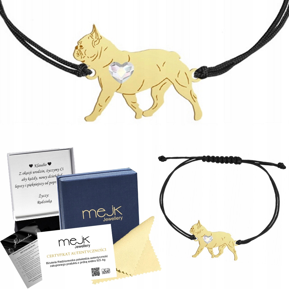 Zlatý náramek Francouzský buldoček 925 Dárek Šperky Gravírování Bonus