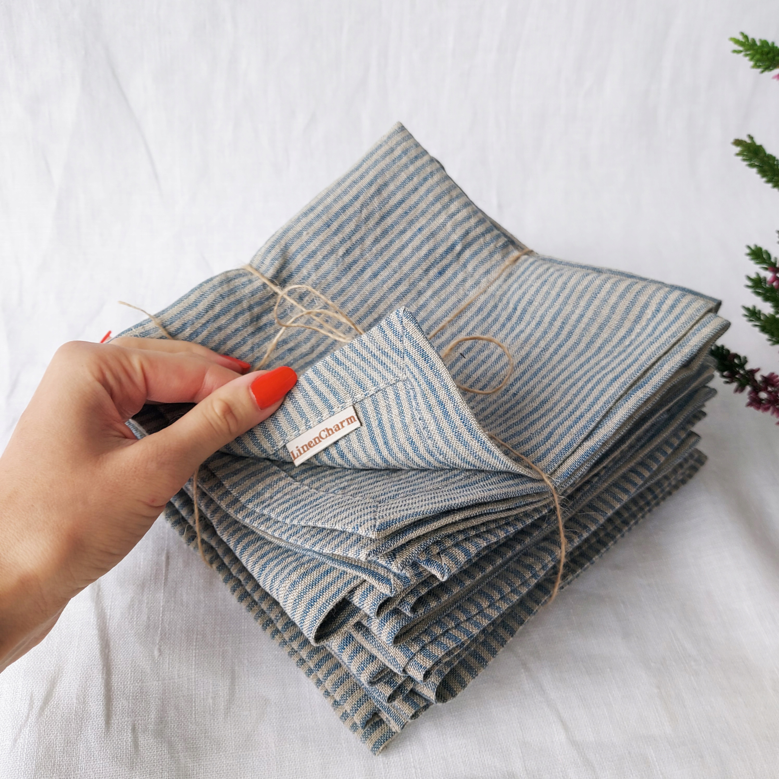 Lněná ubrousek, Sada Lněná ubrousek 10 ks 35x35cm, Granátové proužky