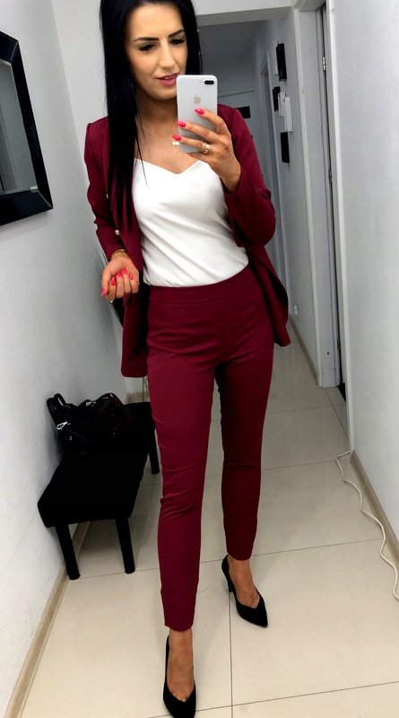 Damski Garnitur Garnitury Damskie Komplet Marynarka Spodnie Bordowe L Cechy dodatkowe brak