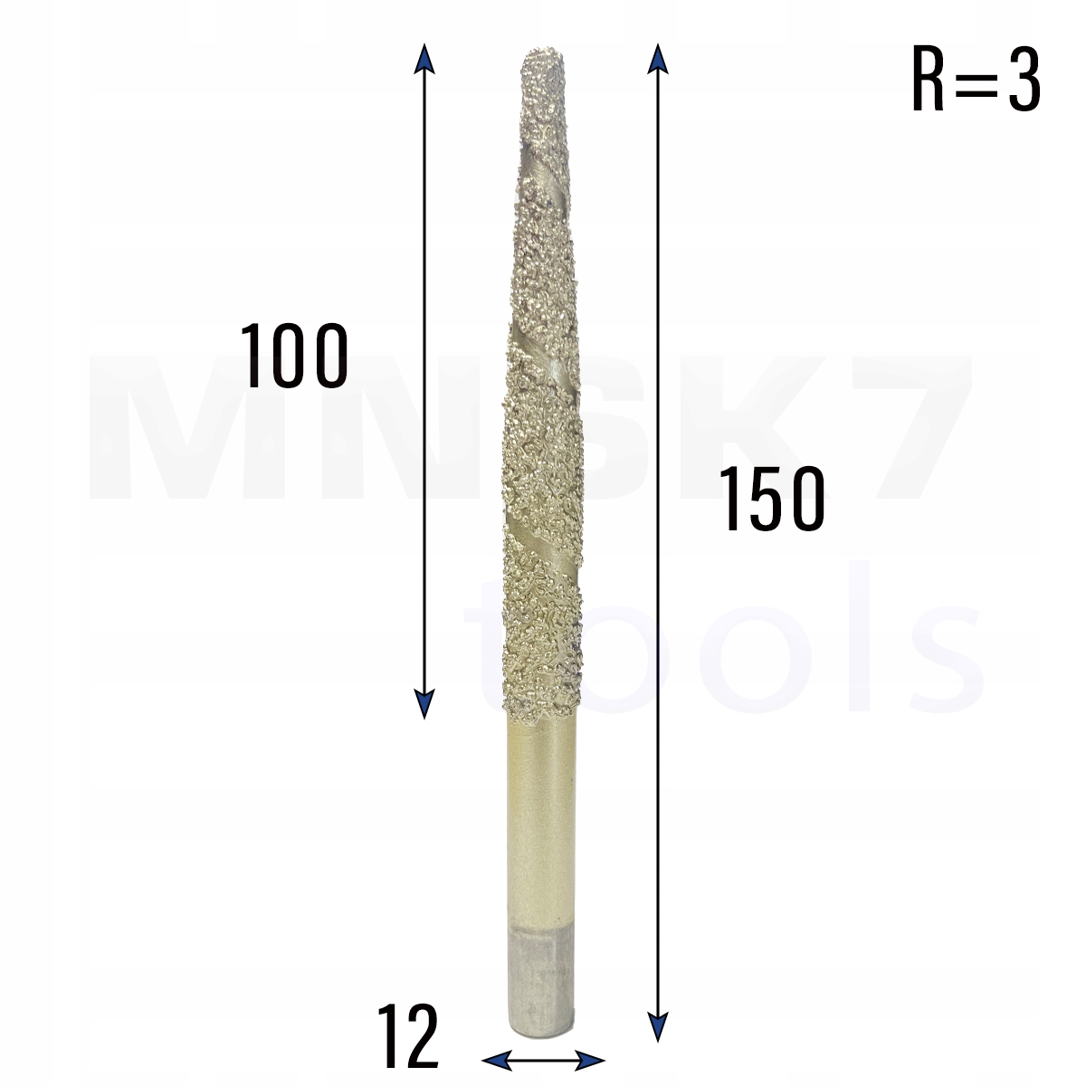 Diamantová fréza kuželová pro 3D granit R 3 12 × 100 × 150 Cnc