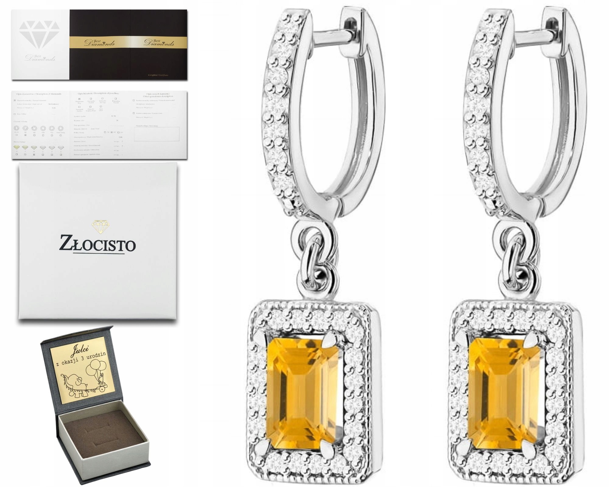 Bílé Zlato Náušnice Přírodní Kámen Citron A Závěsné Diamanty 585 Gravírování