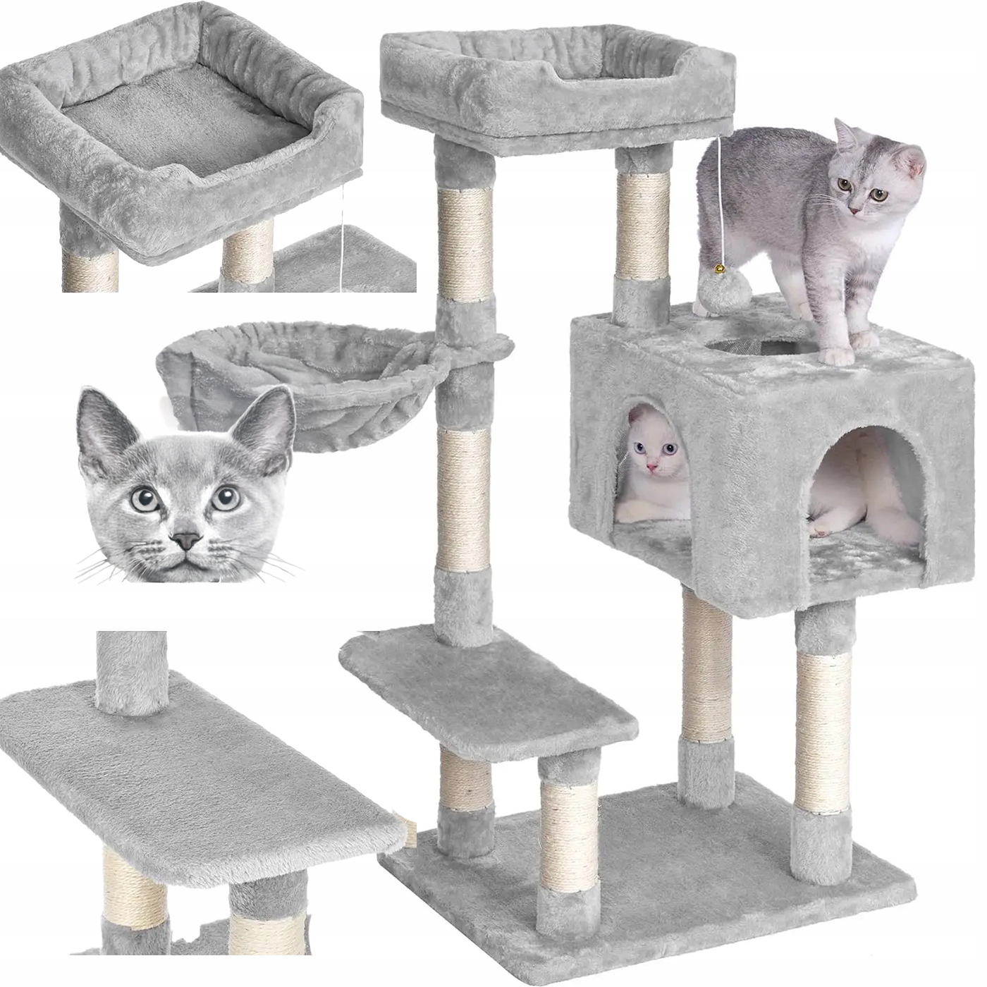 Škrabadlo pro kočky 100 cm Stabilní domeček Houpací síť Věž Pelíšek Dogat Šedá