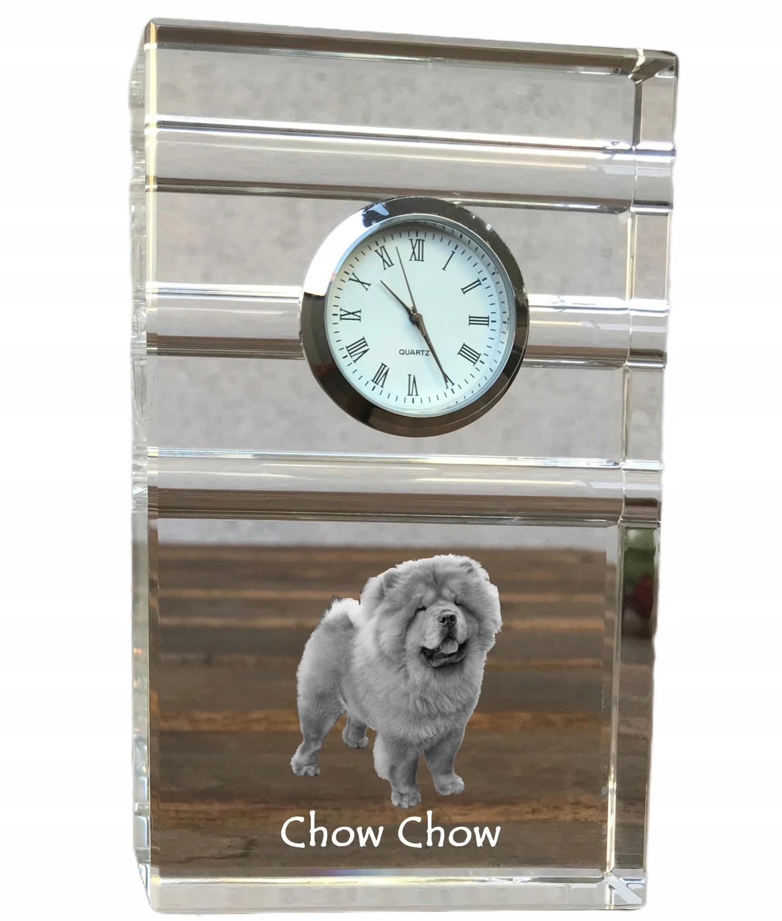 Chow Chow krištáľové stolové hodinky so psom, s vašou fotografiou, suvenír