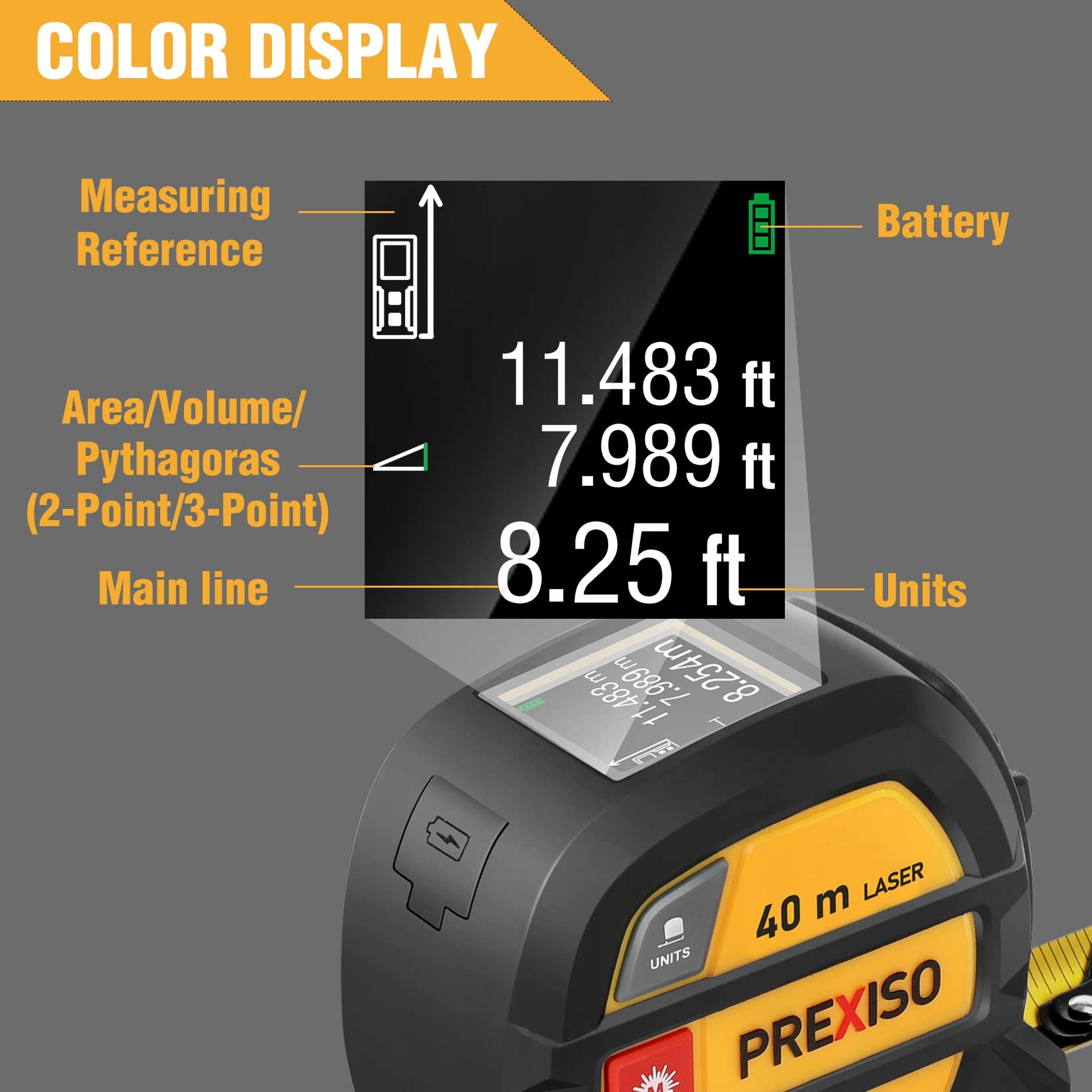 PREXISO Dalmierz Laserowy 40m LCD Miernik Wielofunkcyjny Z Miarką 5m — miniatura 4