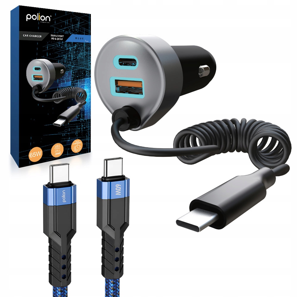 Mocna ładowarka samochodowa Polion Usb-a 2xUSB-C 65W QC3.0 Pd z przewodem