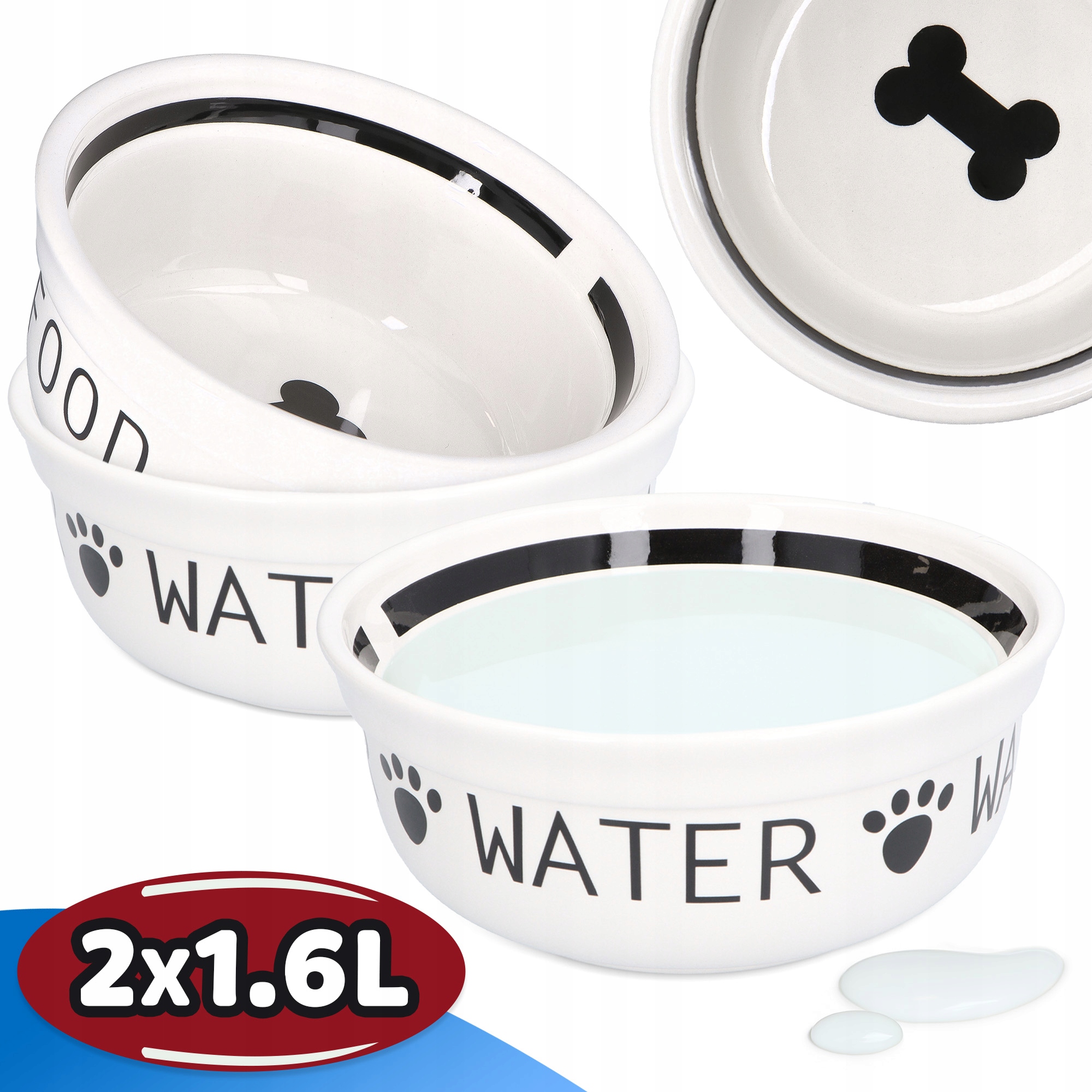 Levně 2x Miska Pro Psa Štěňata 1,6 Dvojitá keramická Misky na Vodu Krmivo Sada 8K