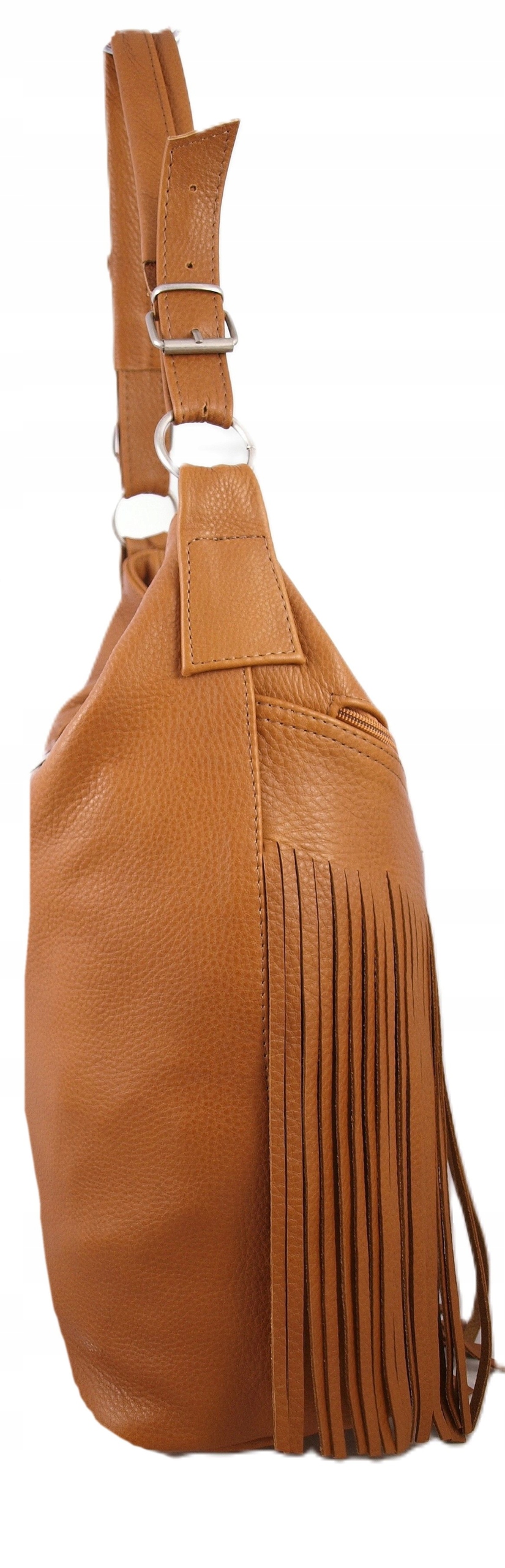 Torebka Skórzana Worek Skóra Naturalna z fredzlami Styl Boho Vintage Odcień karmelowy