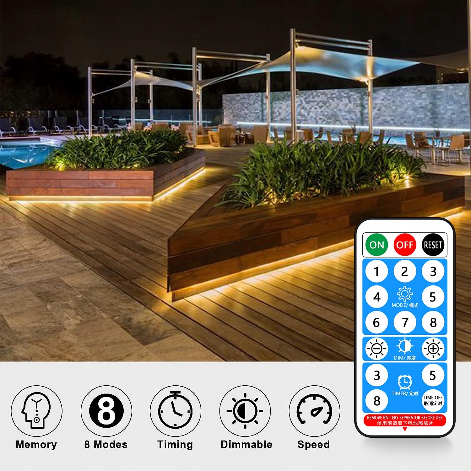 MIWATT Solarne 10M Taśma LED Ciepła Biała 560 LED Pilot RF 17 Przycisków — miniatura 4