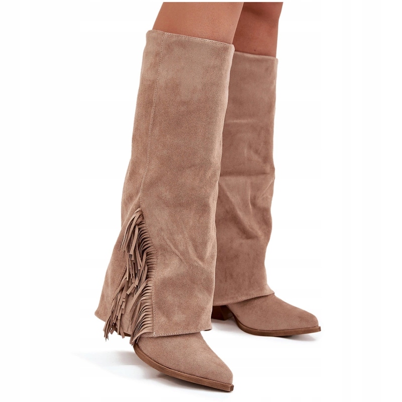 Kozačky Kovbojské Boty Dámské Eko Semiš Třásně Nazouvací Sloupek Béžová 40