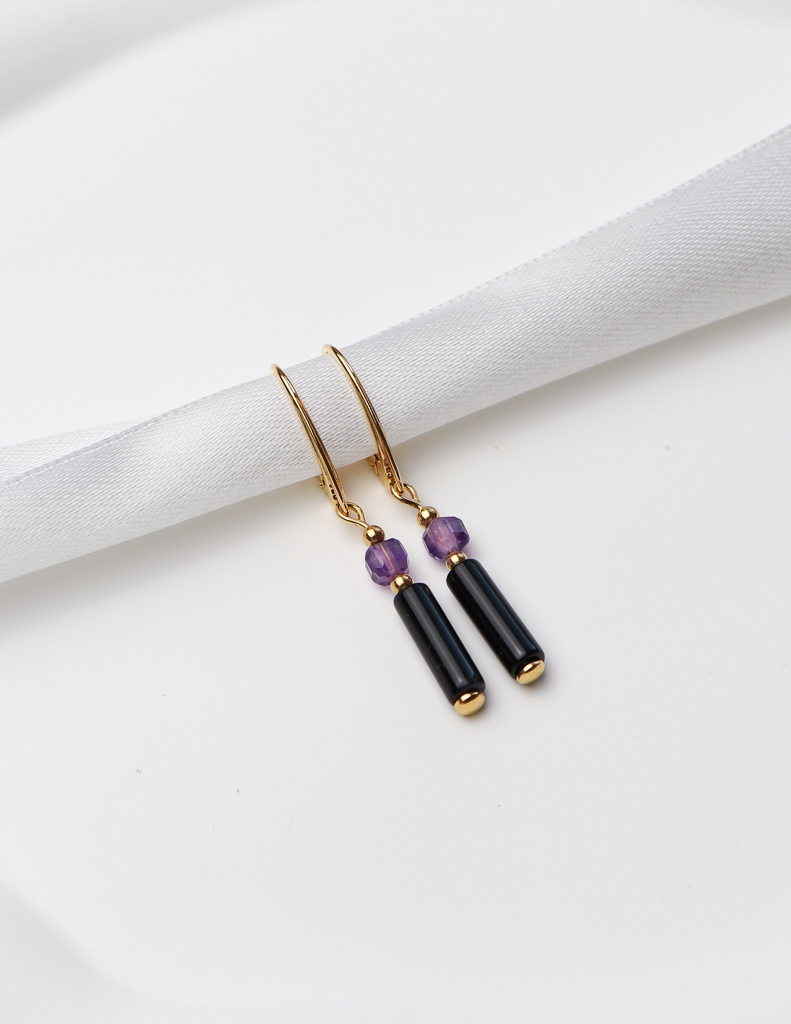 Pozlacené Náušnice černý turmalín, ametyst