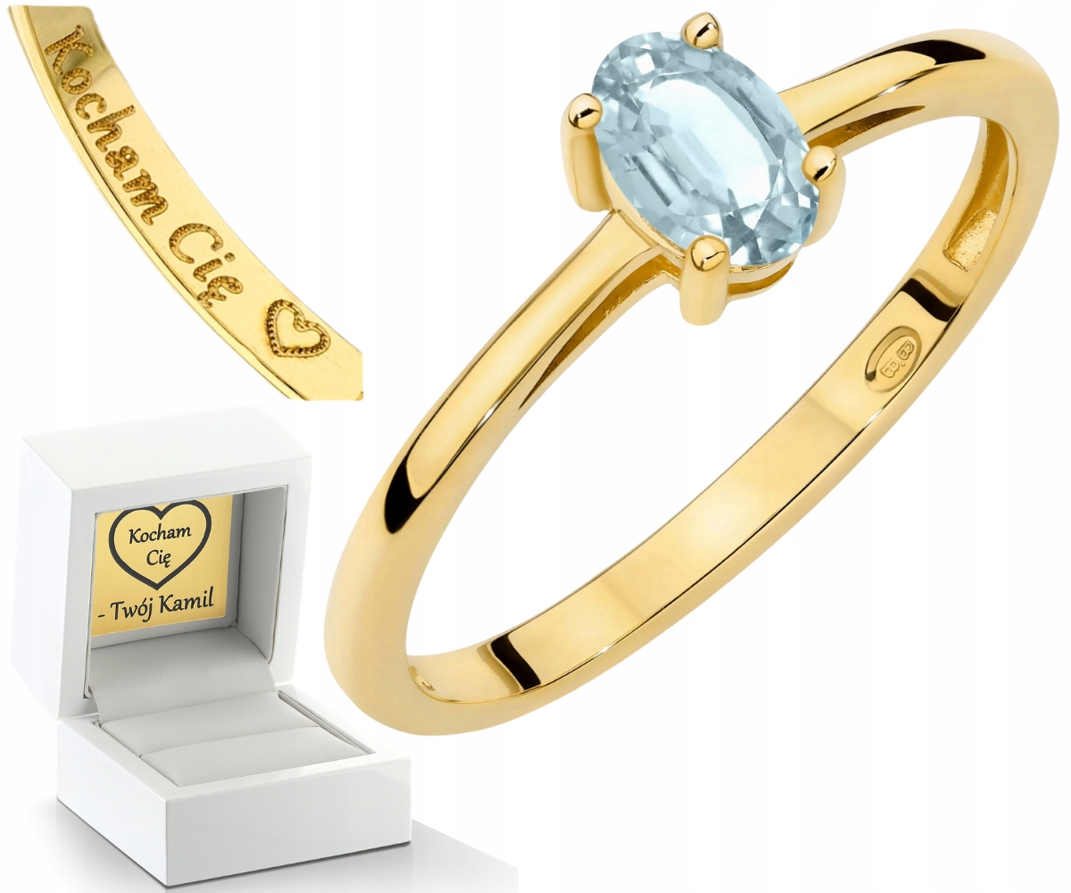 Zlatý Prstýnek Přírodní Kámen Akvamarín Zlato 585 Dárek Gravírování