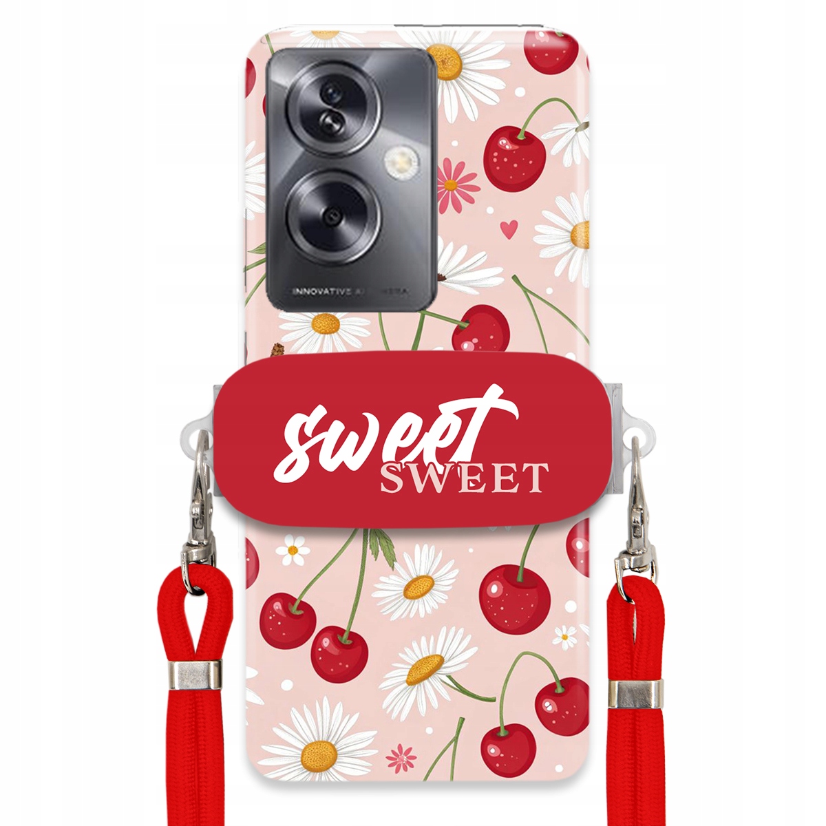 Puzdro pre Oppo A79 5G Červené vodítko držiak Sweet Sweet Čerešňa a sedmokráska