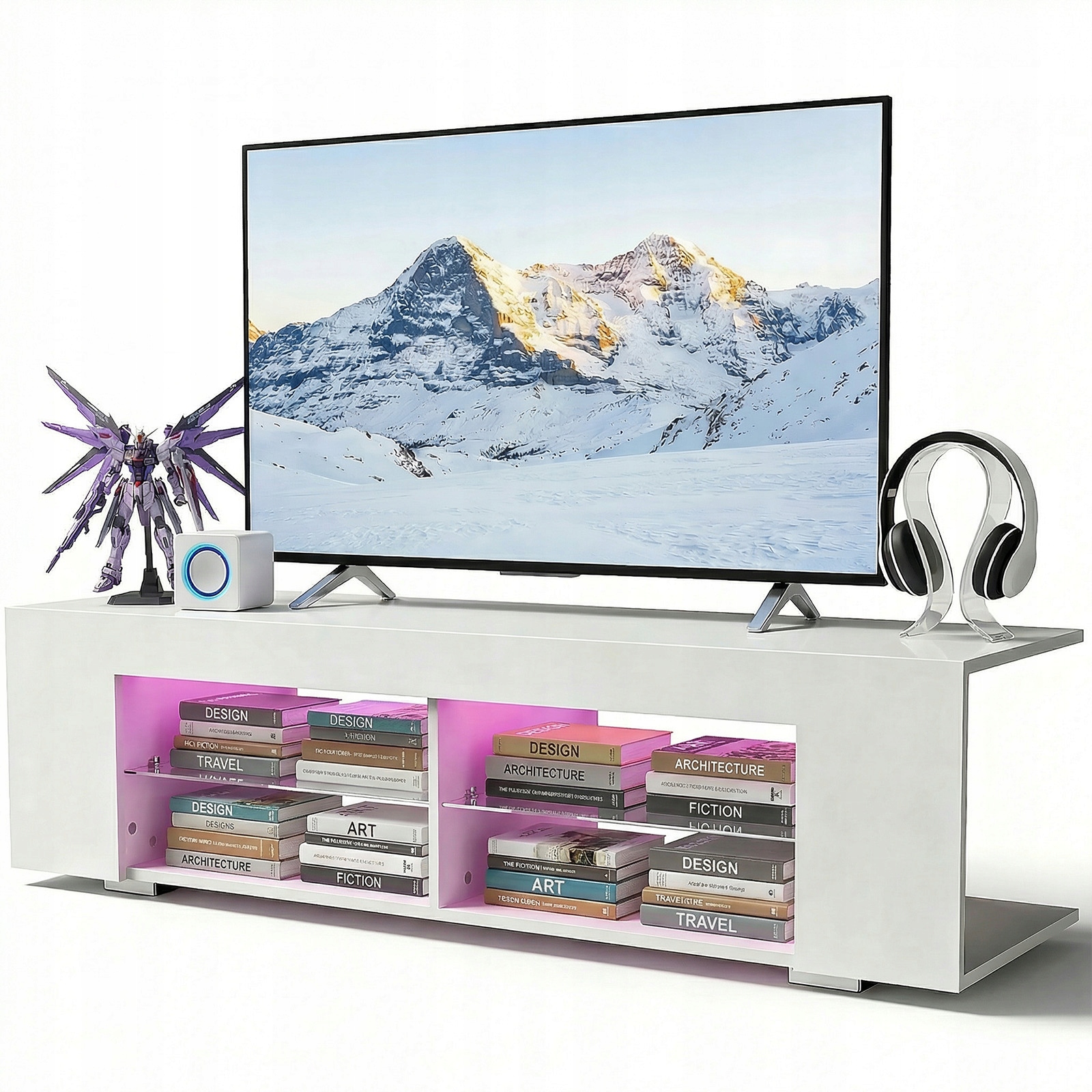 Szafka RTV 135 cm z LED, Stojąca, Pod Telewizor, 6 Półek, Wysoki Połysk, Biała