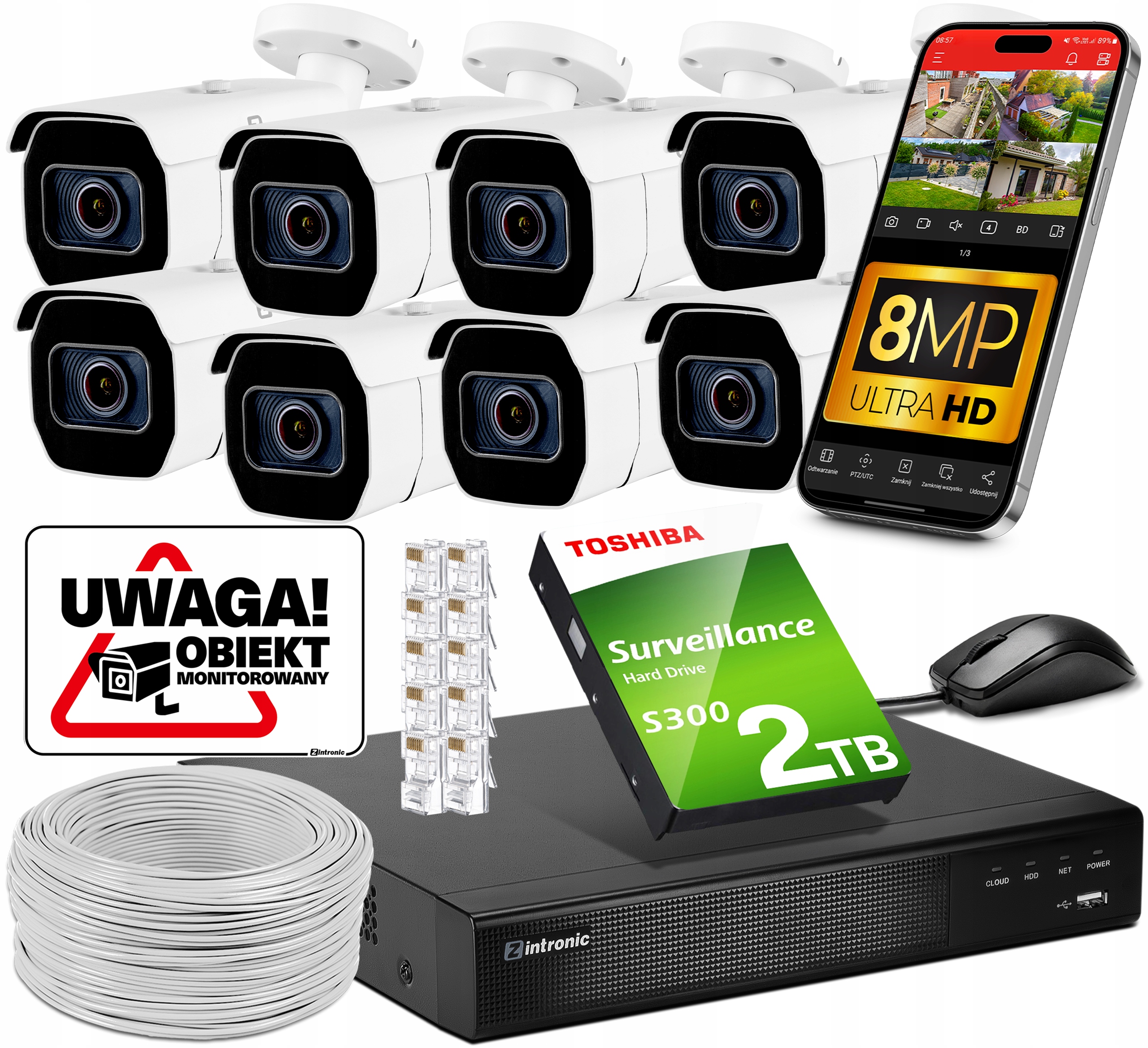 Sada pro Monitorování 8 Ip kamer Poe 8MPx B8 Ultimate motor-zoom IR60m 2TB