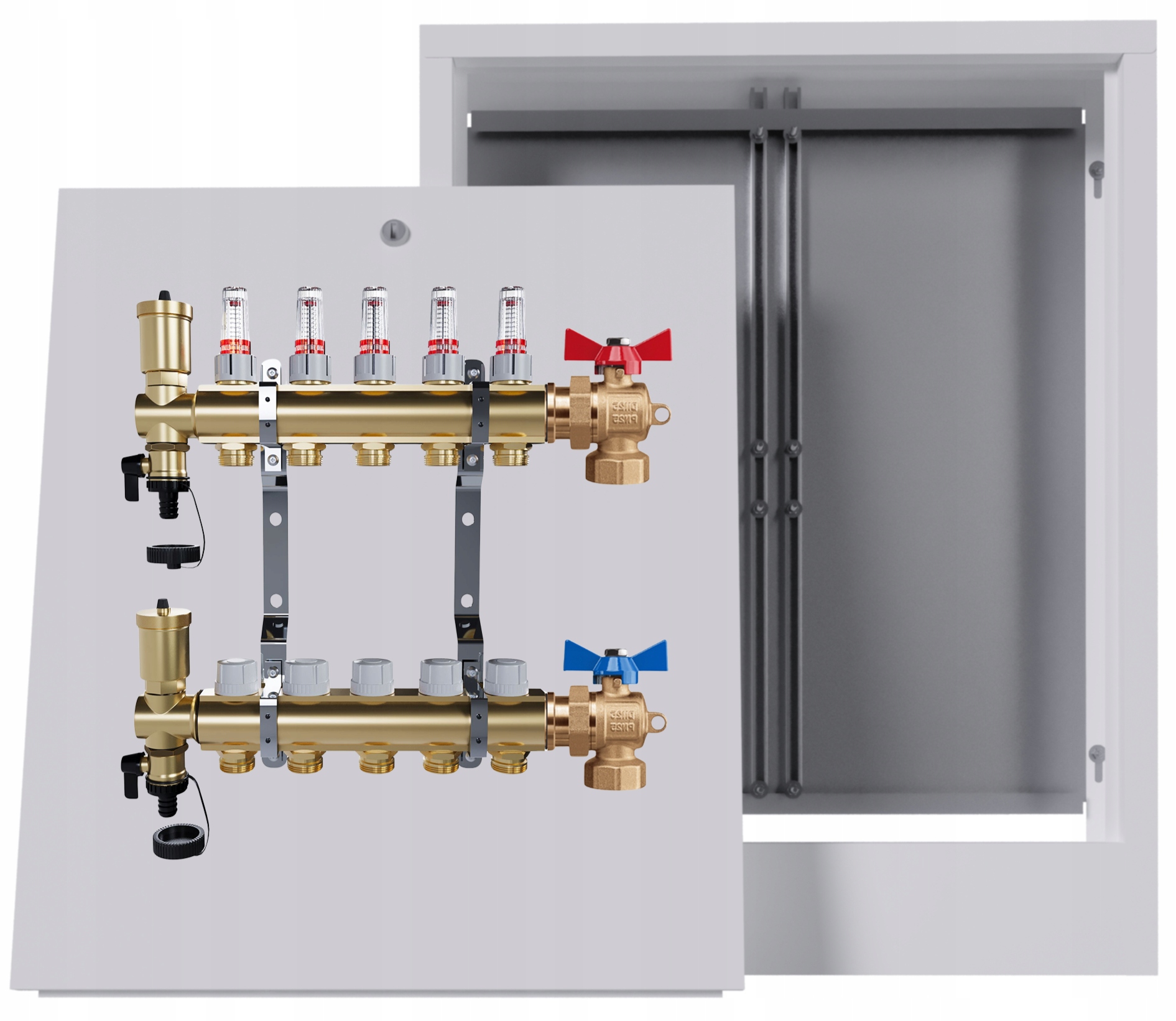 Mosazný rozdělovač podlah 5 okruhů nástěnná skříňka Kulový Kohout