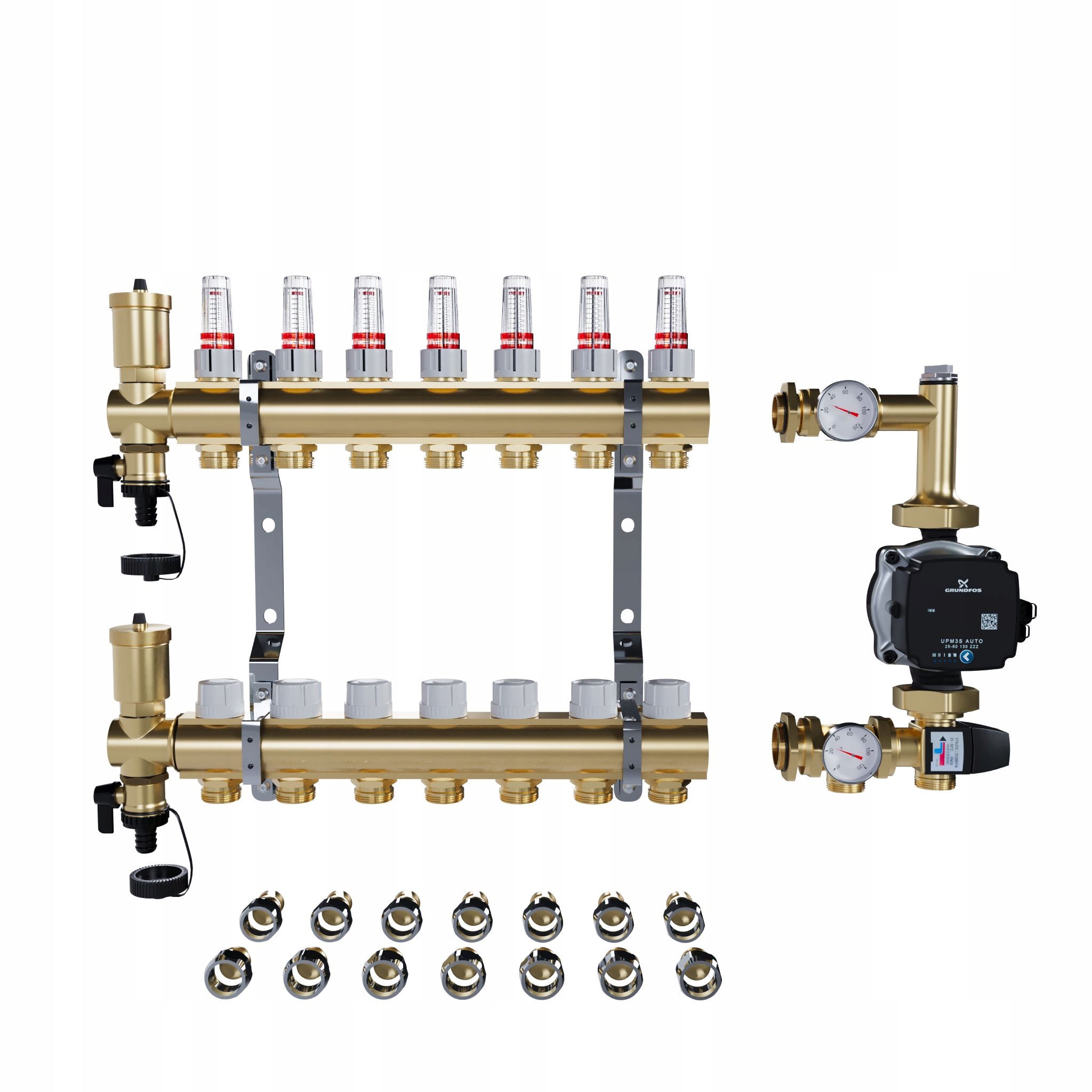 Rozdělovač pro podlahové topení 7 sekcí Pex Spojky Čerpadlo Grundfos