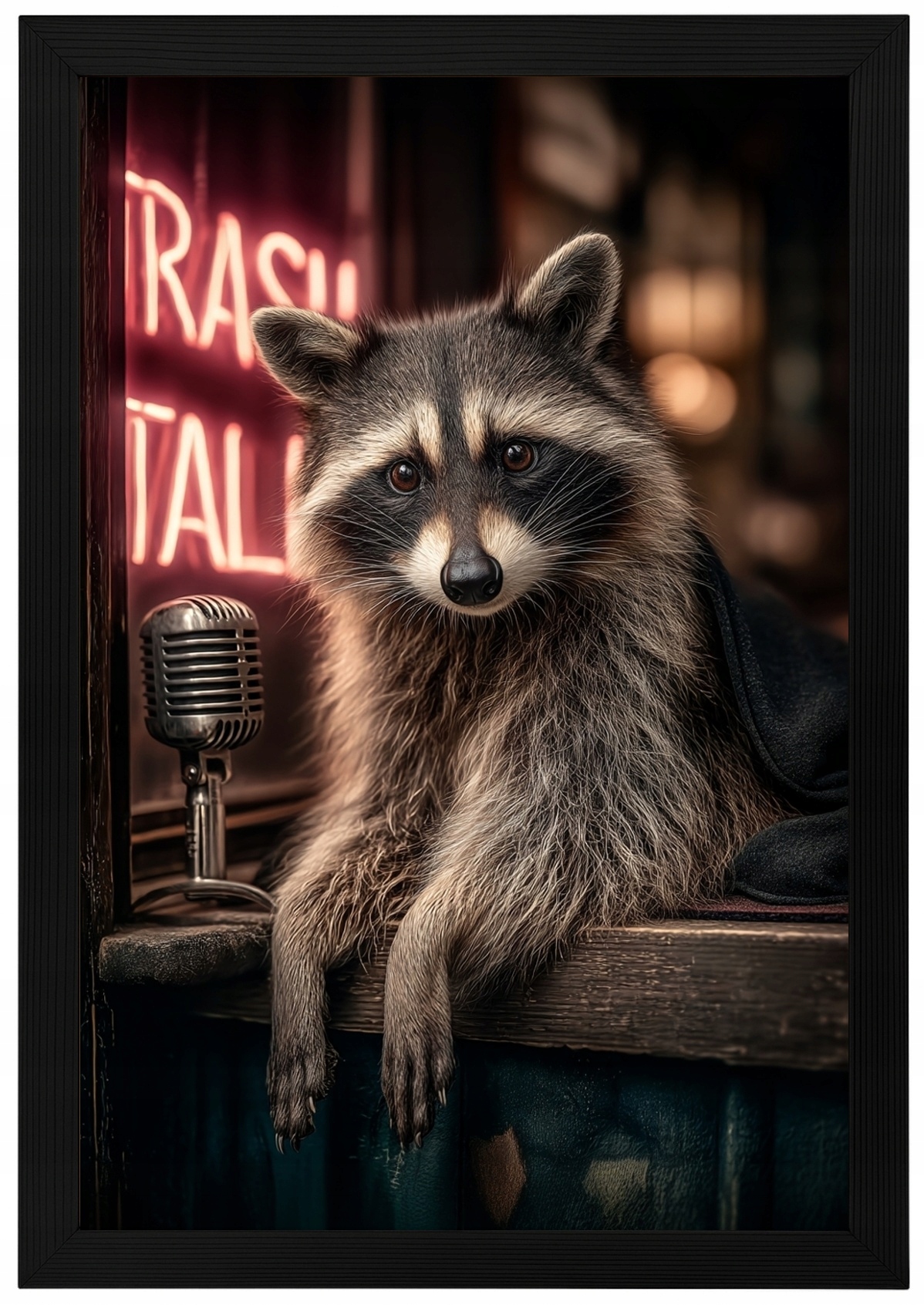 Plakát V Dřevěném Rámeček S Mýválem, Neonový Bar, Vintage, Retro, Jazz, 40x60