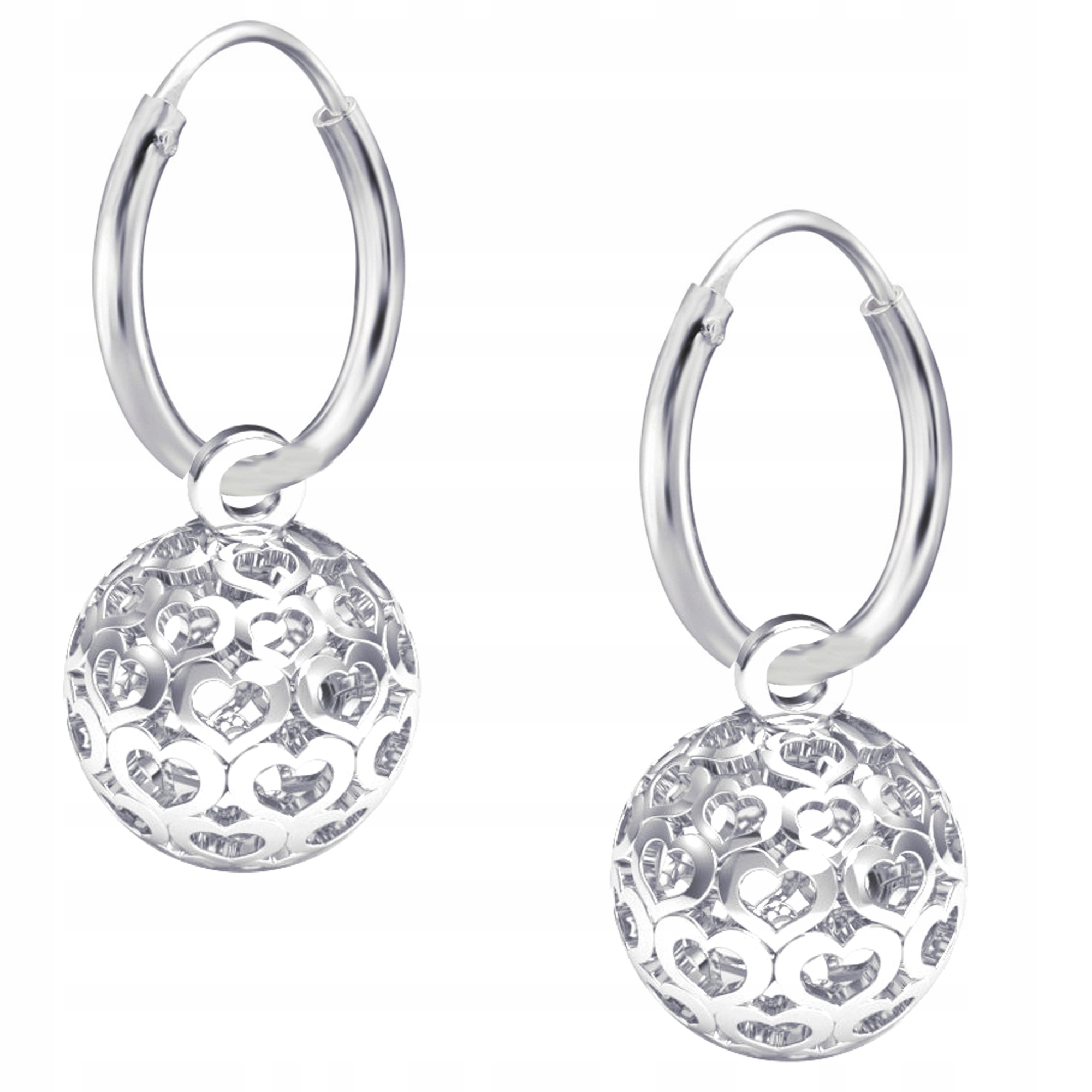 Stříbrné náušnice malé kruhy Ažurová koule v srdcích Stříbro ryzost 925