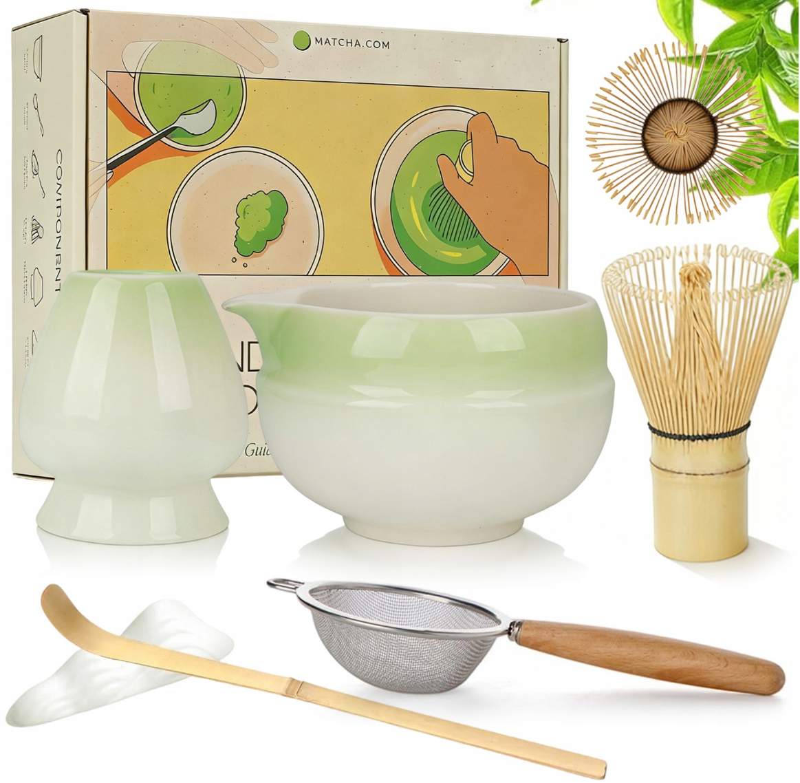 Sada Pro Matcha 7 Dílů Gradient Zelená S Miskou A Metličkou Se Sítkem Nahoře