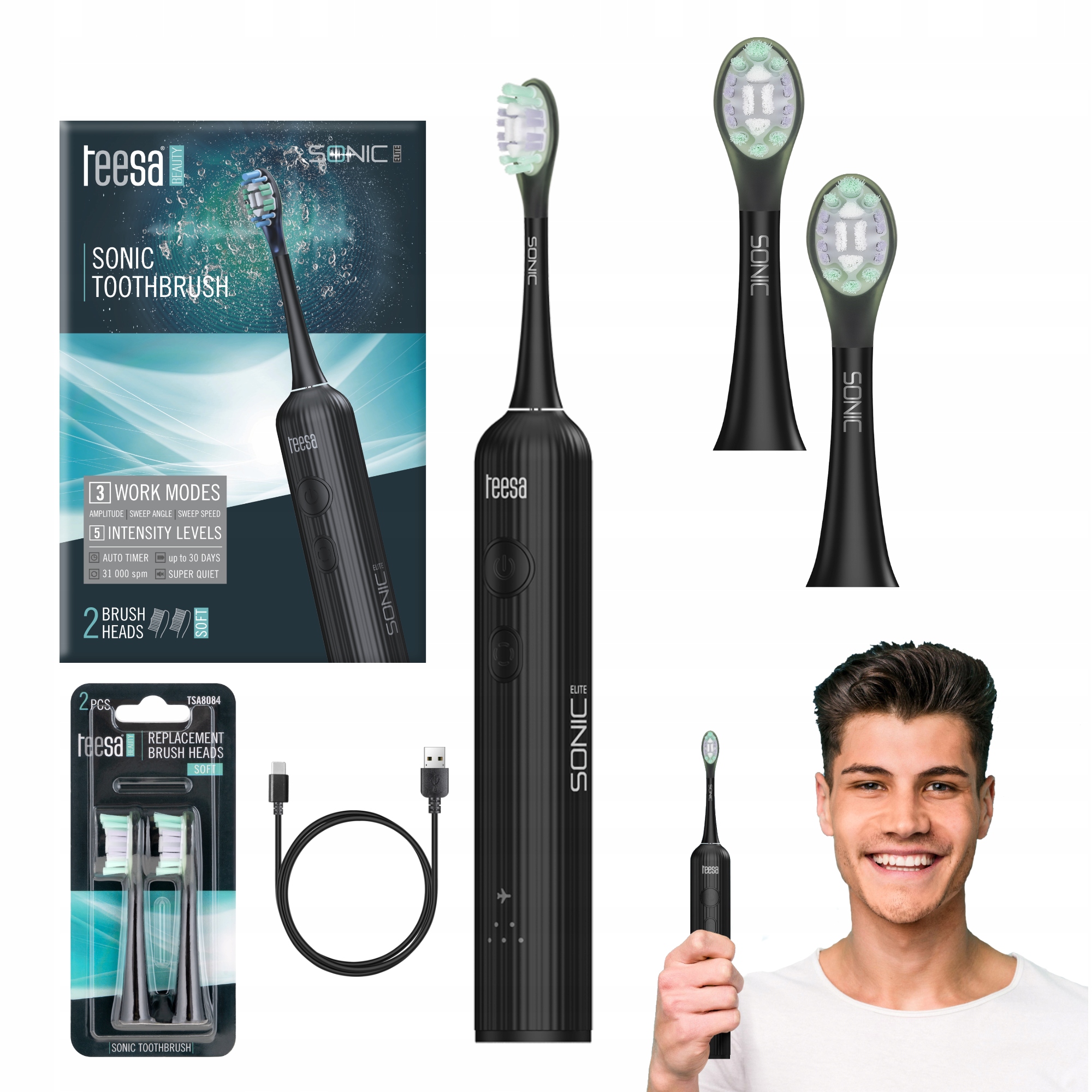 Soniczna szczoteczka do zębów Teesa Elite czarna dodatkowe główki miękkie