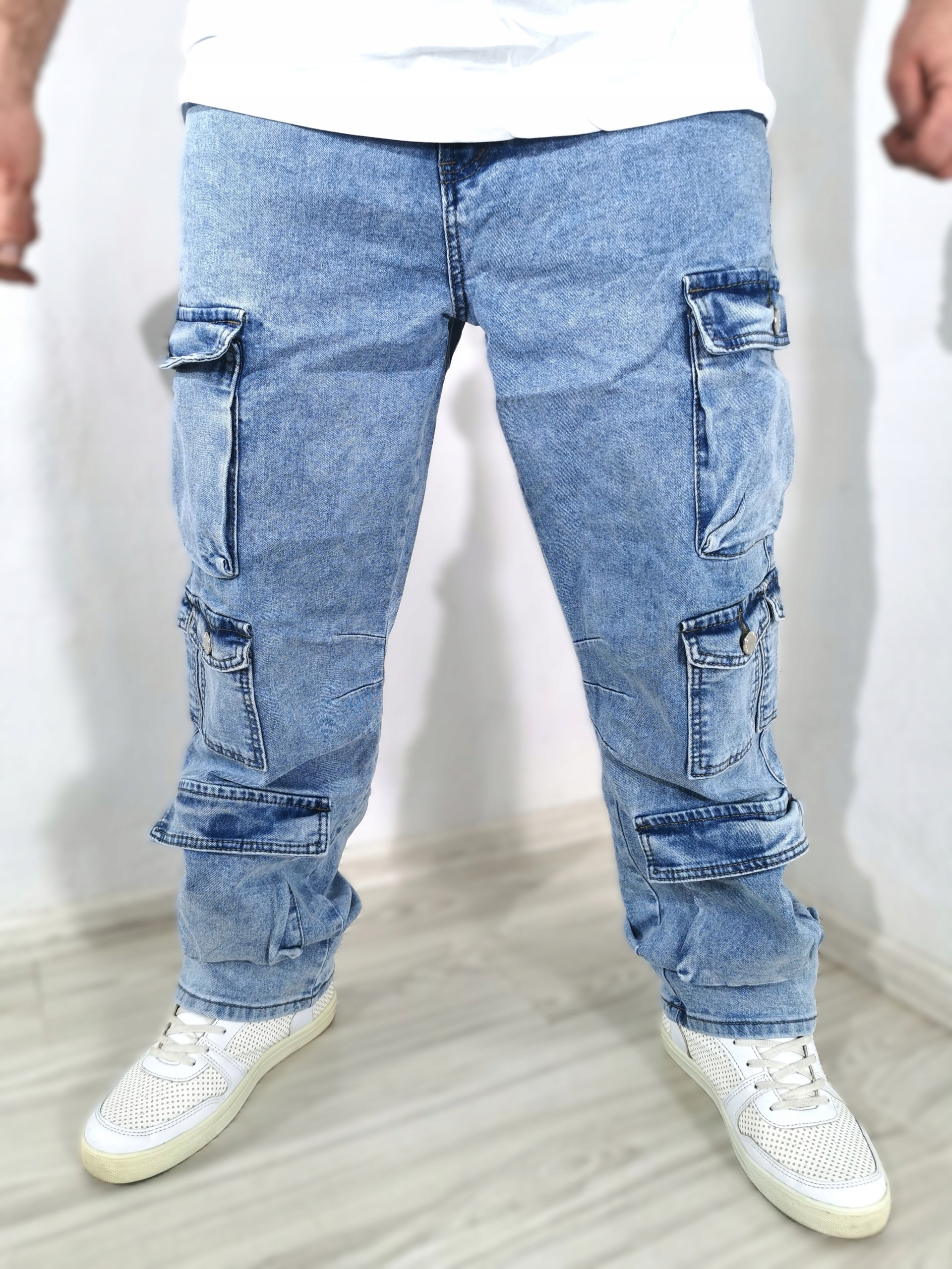 Pánské džínové kalhoty světlé cargo široká nohavička baggy bojové kapsy VV 29