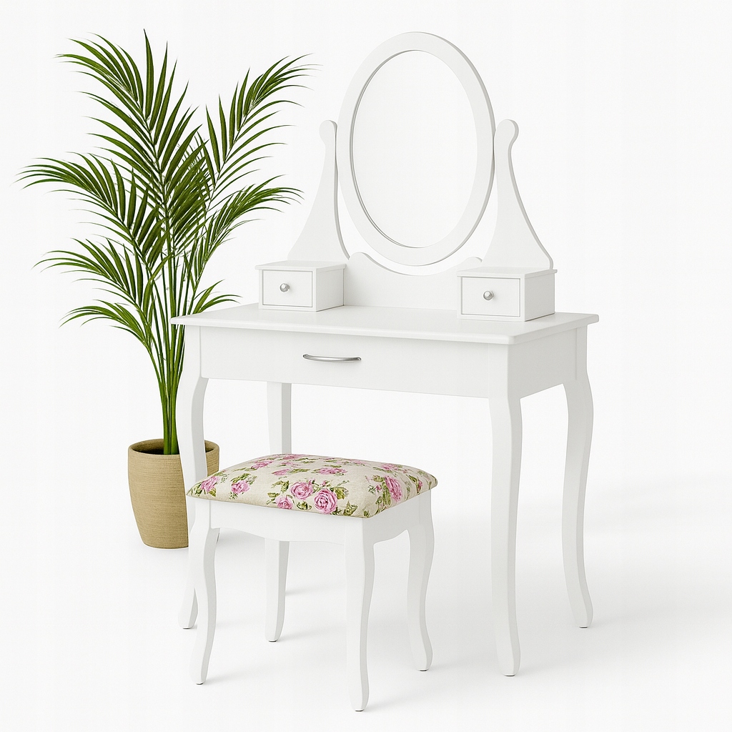 TOALETKA KOSMETYCZNA z LUSTREM BIAŁA + TABORET MODEL ELEGANCE 002