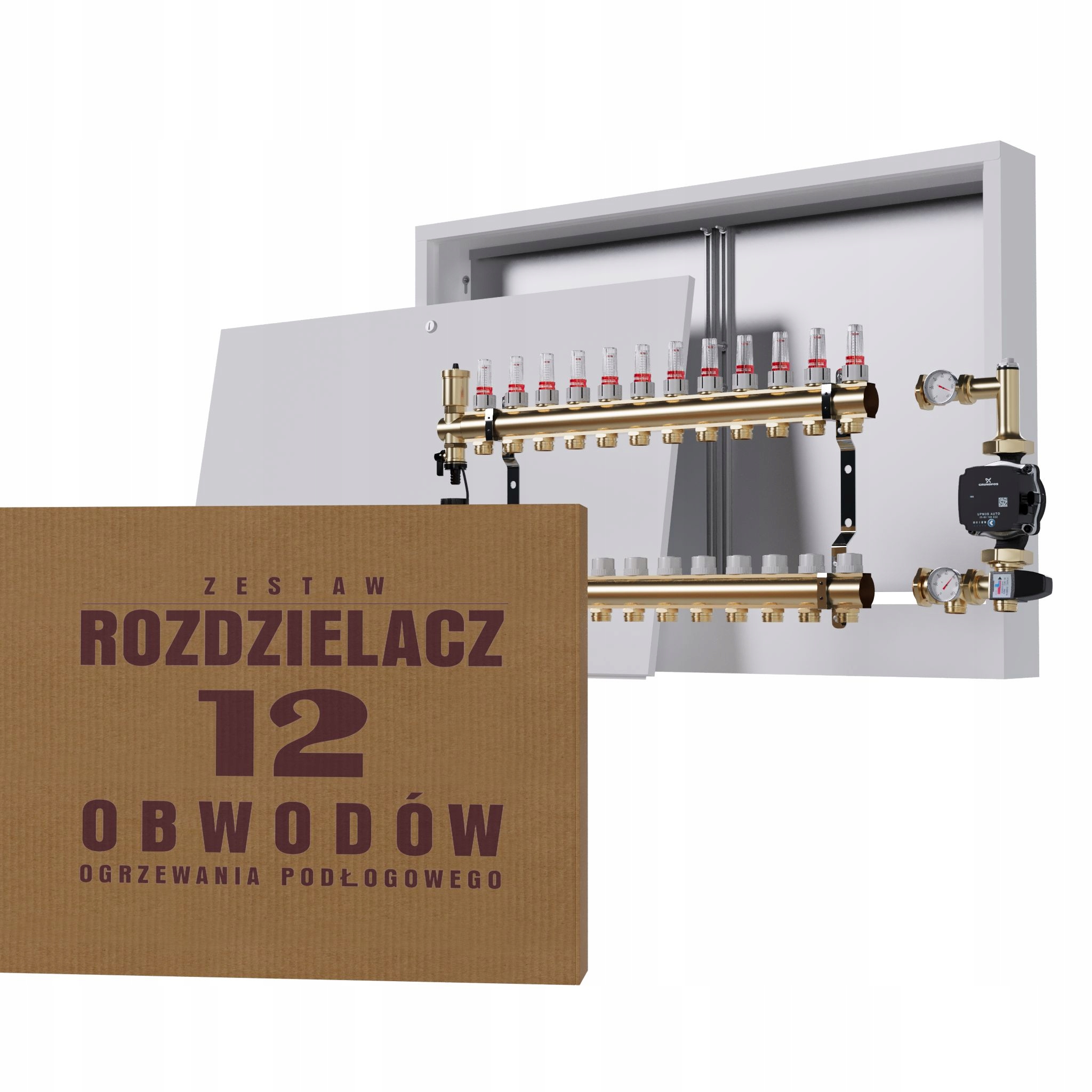 Rozdělovač pro podlahu 12 okruhů s čerpadlem Grundfos nástěnná skříňka