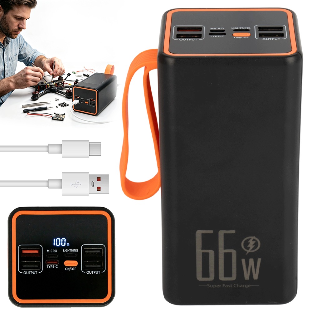 Powerbanka 90000 Mah 66W Svítilna Led Displej 3 Režimy Osvětlení Černá