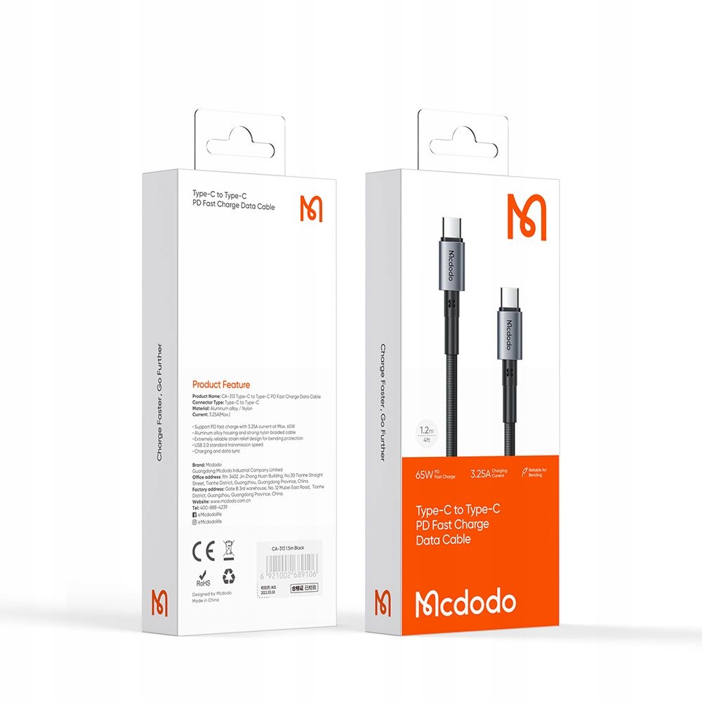 MCDODO KABEL USB TYP C DO USB TYP C WYTRZYMAŁY PRZEWÓD PD 65W USB 2.0 1M Kod producenta CA-3130