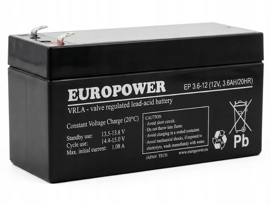 Akumulator Vrla Europower 12V 3,6Ah bateria Agm do centrali pożarowej P.poż