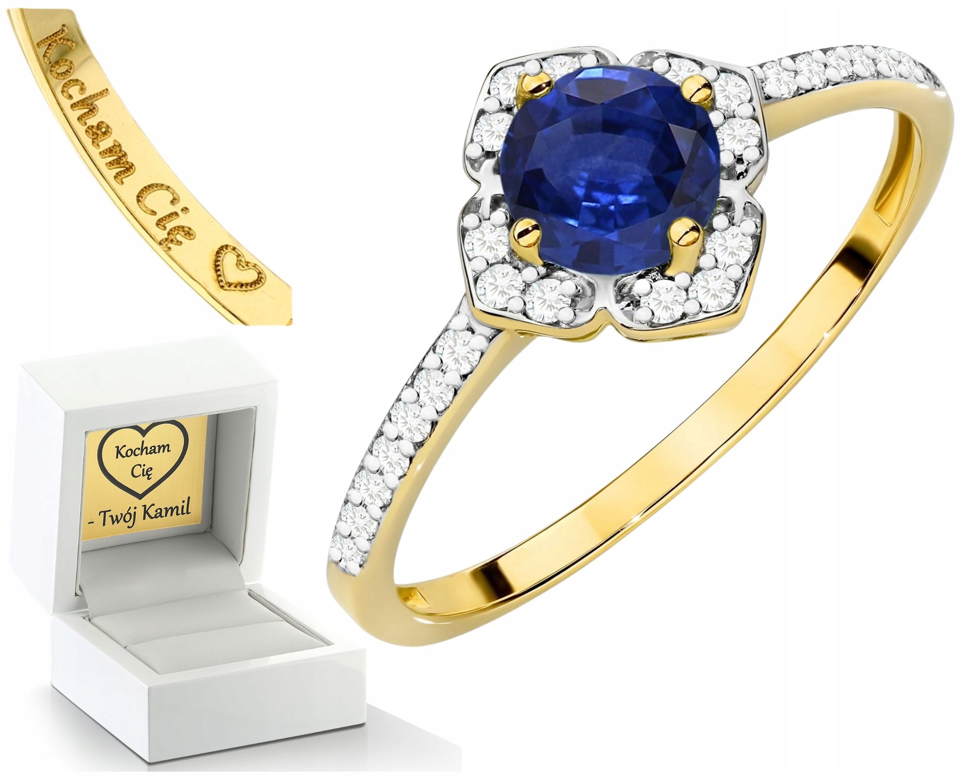 Prstýnek Prsten Se Safírem A Diamanty 585 14K Zlato Jako Gravírování Dárek