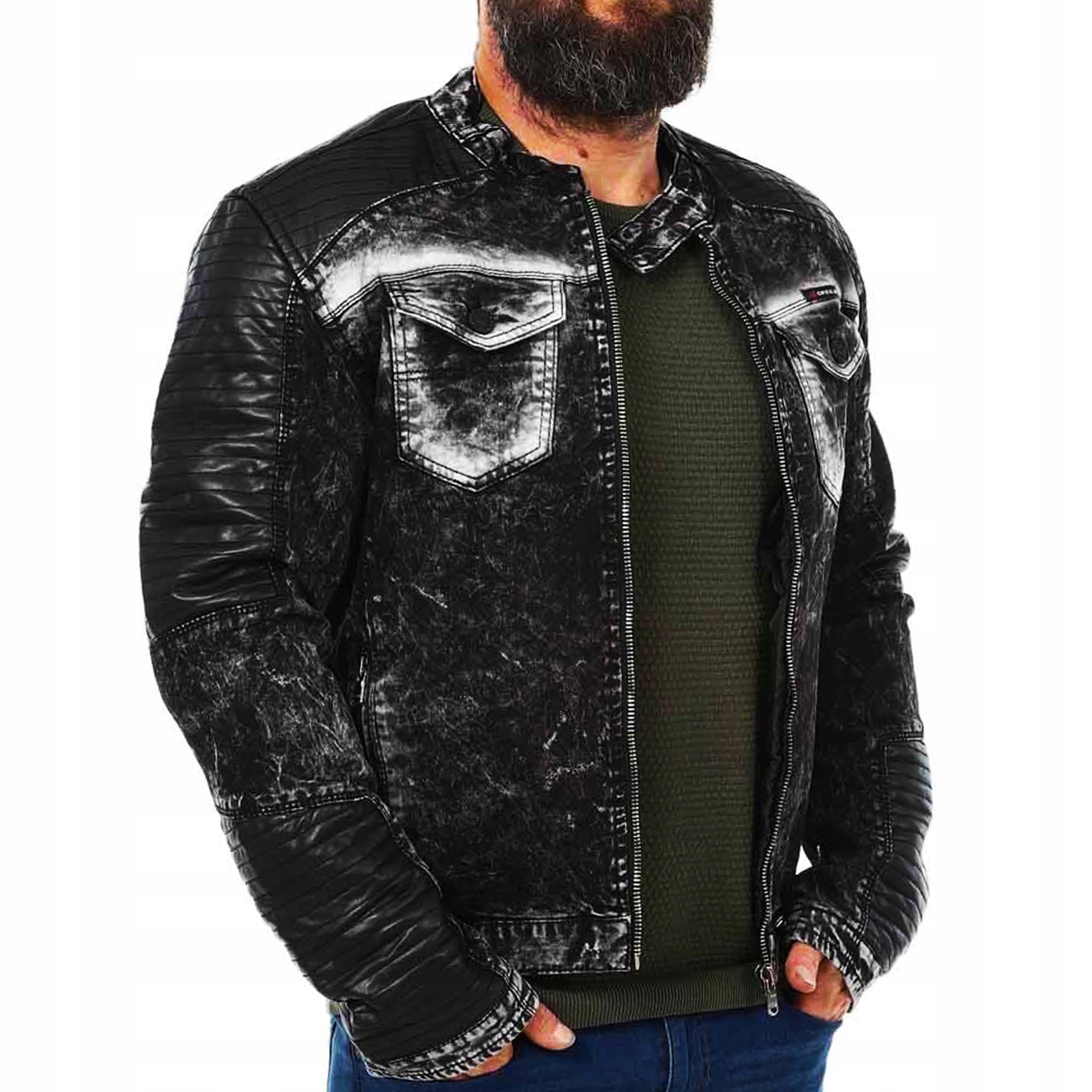 Pánská bunda Jeans Kůže Přetíratelná Biker Stojka Cipo Baxx s podšívkou