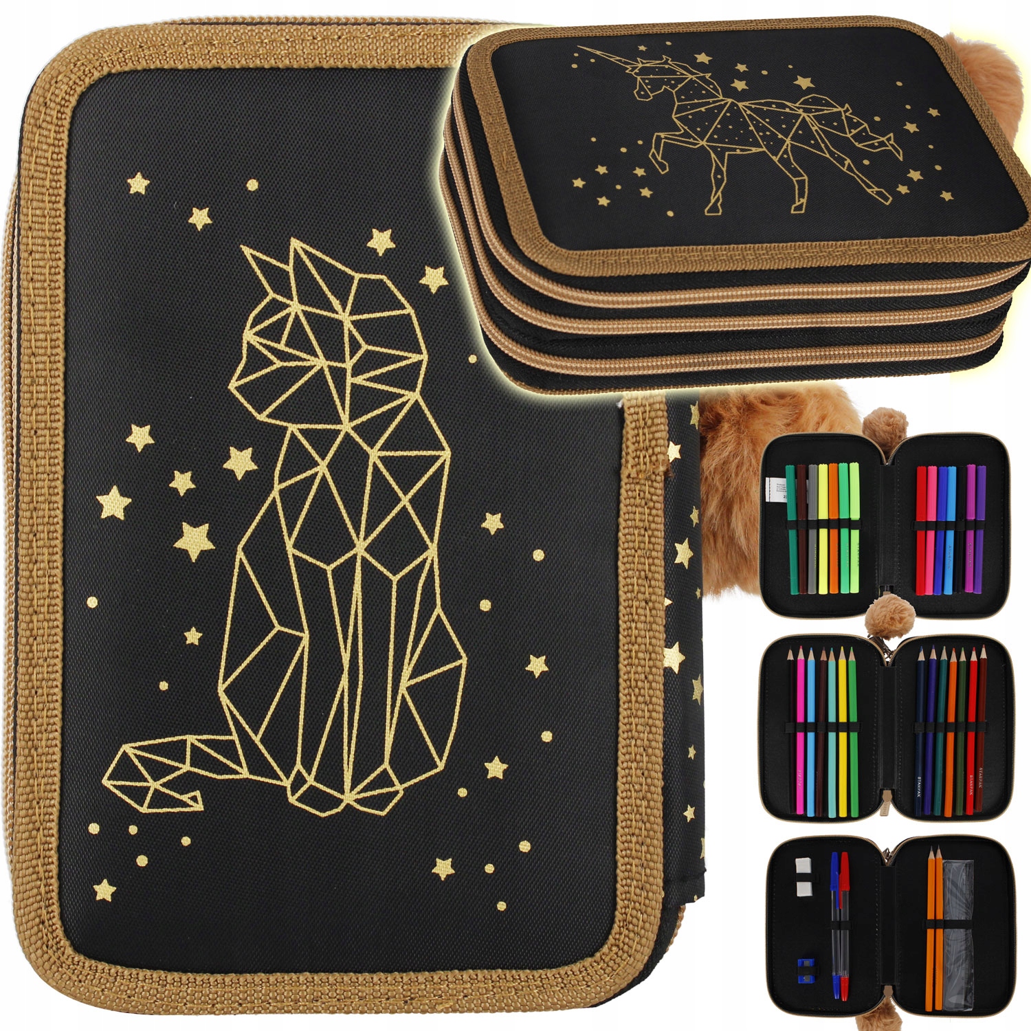 PIÓRNIK TRZYKOMOROWY Z WYPOSAŻENIEM DLA DZIEWCZYNKI ZŁOTY KOTEK JEDNOROŻEC