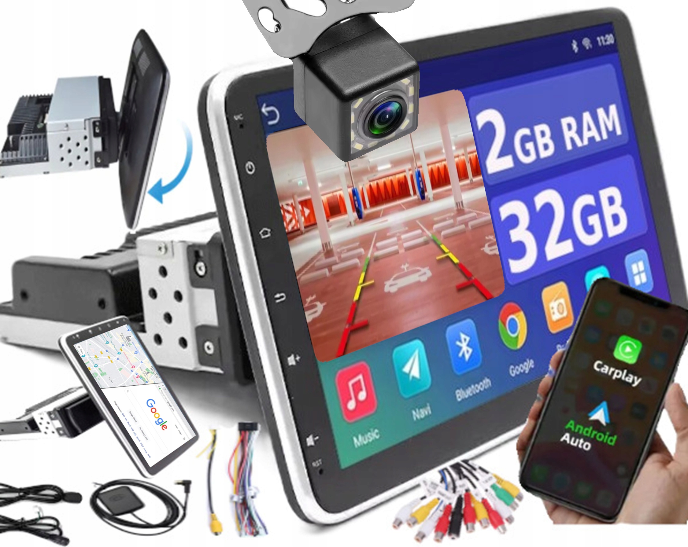 Radio Samochodowe 1DIN 9'' 2/32GB AndroidAutoCarPlay RDS BT USB WiFi OBRÓT