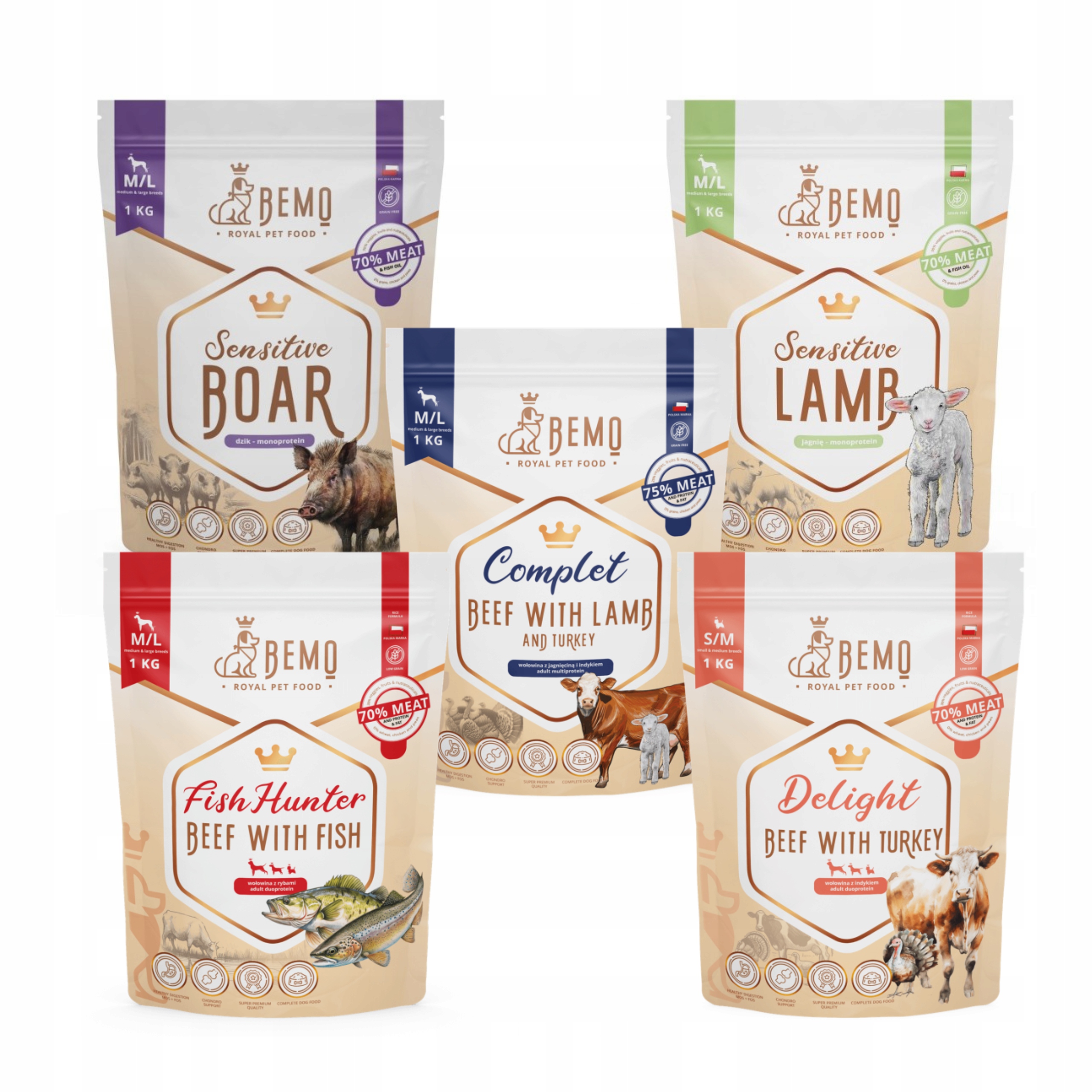 Suché krmivo pro psy Bemo 5 x 1 kg M/L Degustační Set mix příchutí