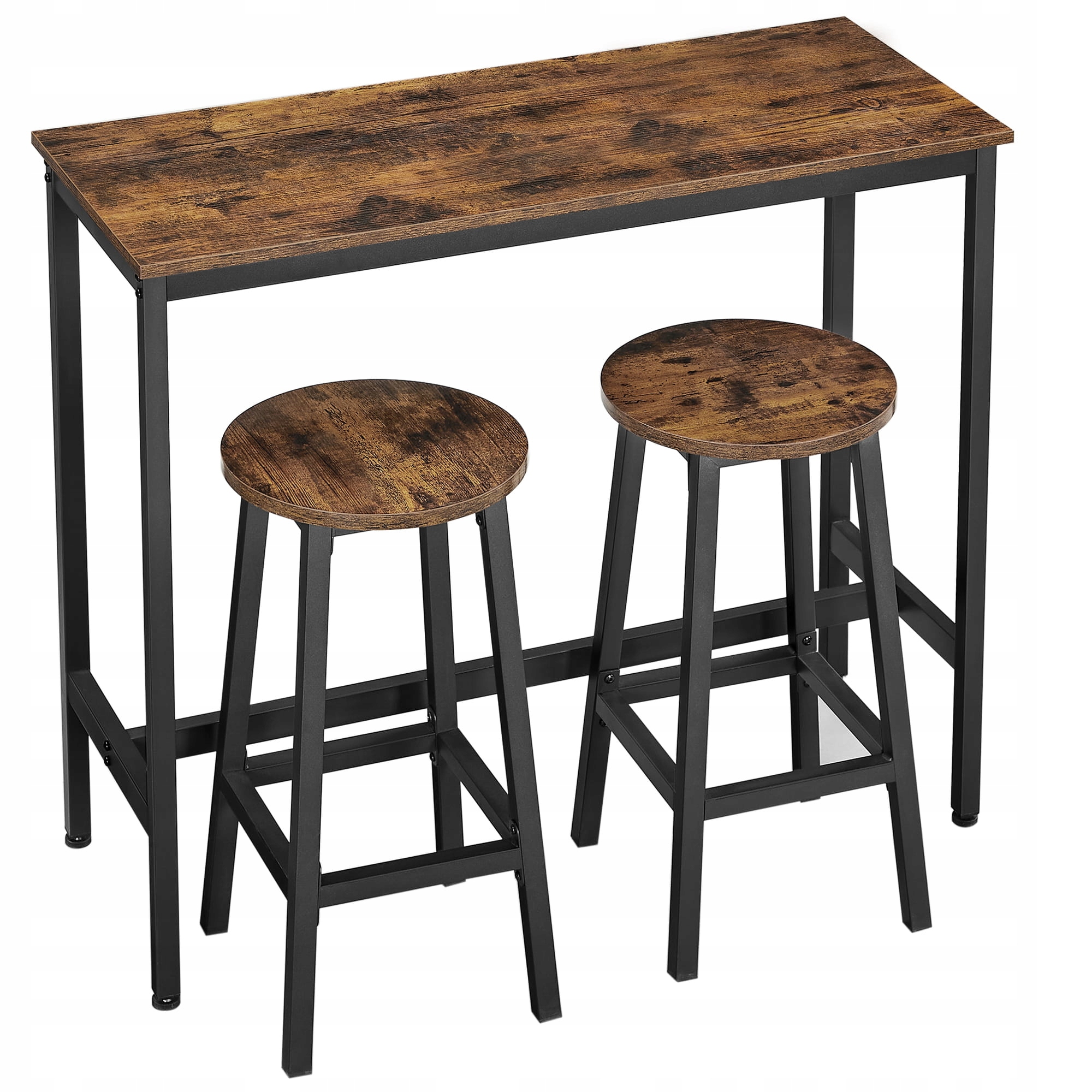 Zestaw Barowy Loft Stół 2 Hokery 100x40x90 cm Rustykalny Brąz Czarny