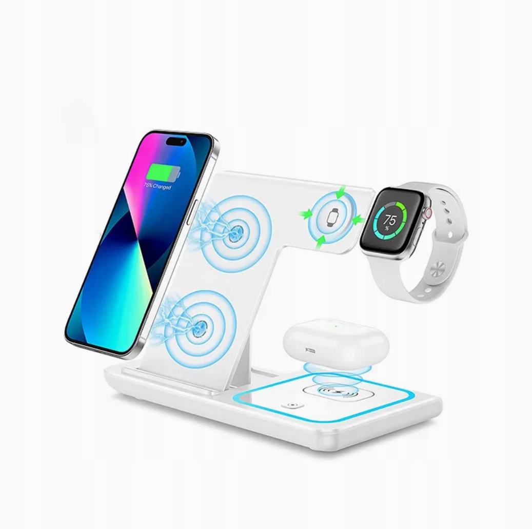 Ładowarka indukcyjna 3w1 Apple, iPhone, Samsung, Airpods, Buds, Biała